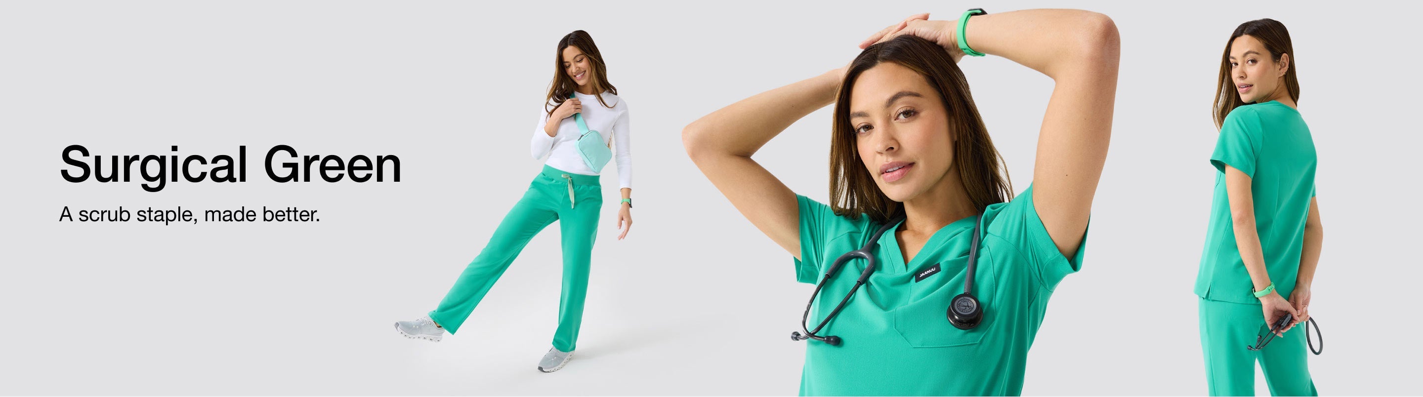 Image with text, "Surgical Green: A scrub staple, made better." and image of women wearing Surgical Green scrubs.