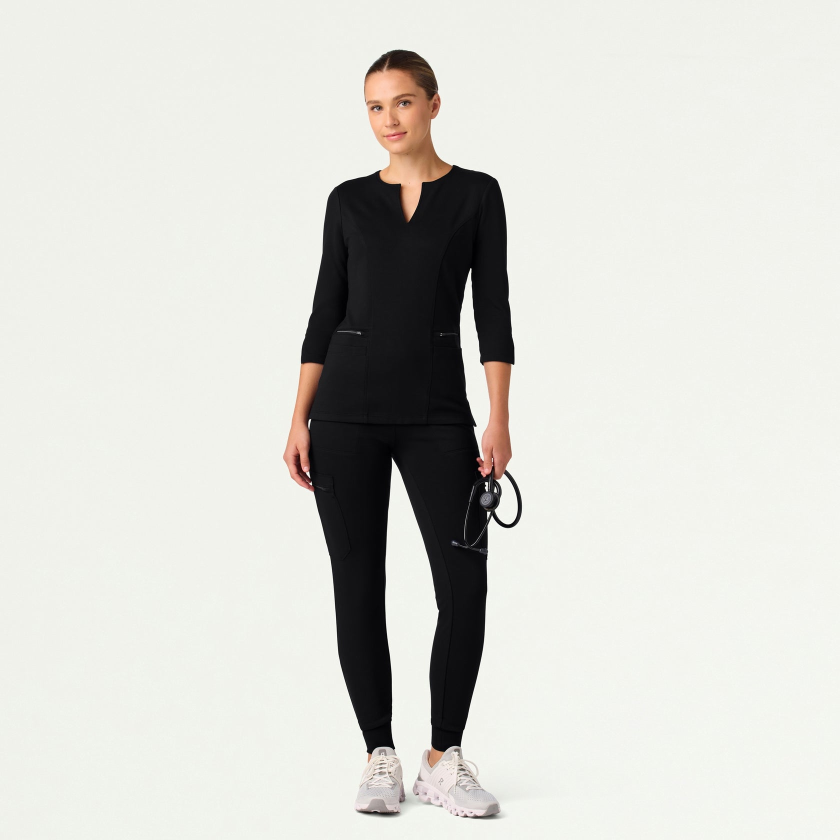 Zoe Slim 3/4-Sleeve ULTRAsoft Scrub Top - Black - WOMEN'S TOPS - Jaanuu