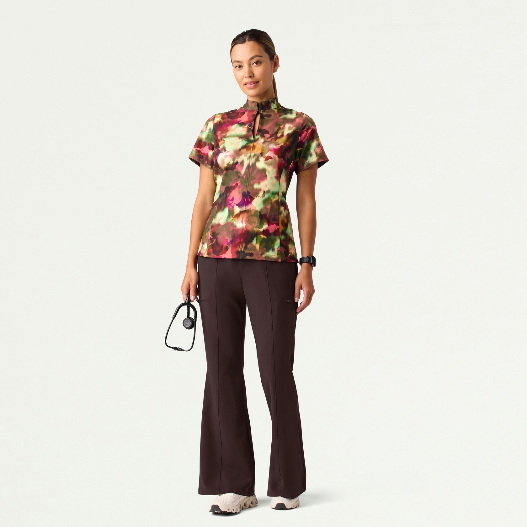 Aria Fit & Flare Mock-Neck Scrub Top - Floral Haze - WOMEN'S TOPS - Jaanuu