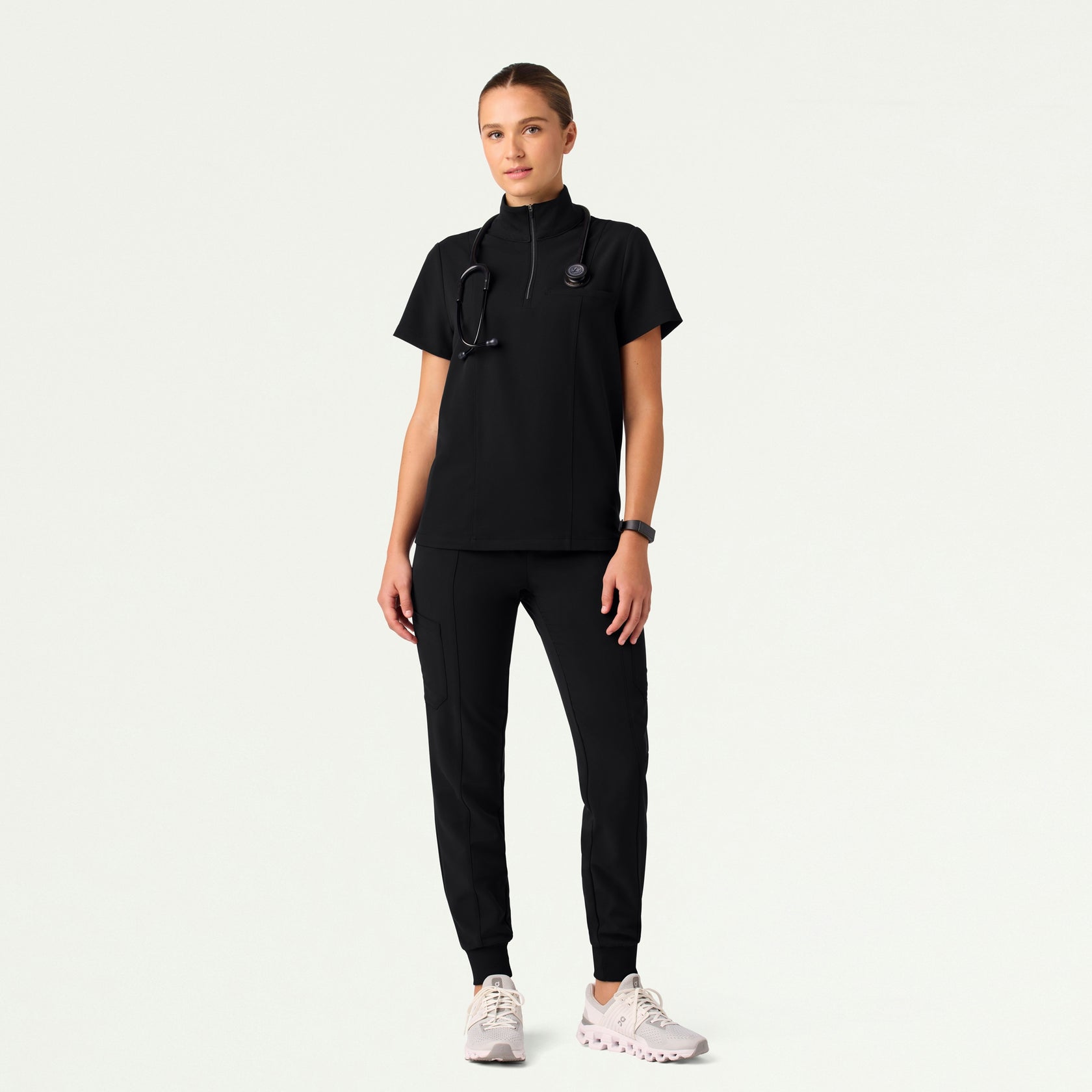 Nora Half-Zip Collared Scrub Top - Black - WOMEN'S TOPS - Jaanuu
