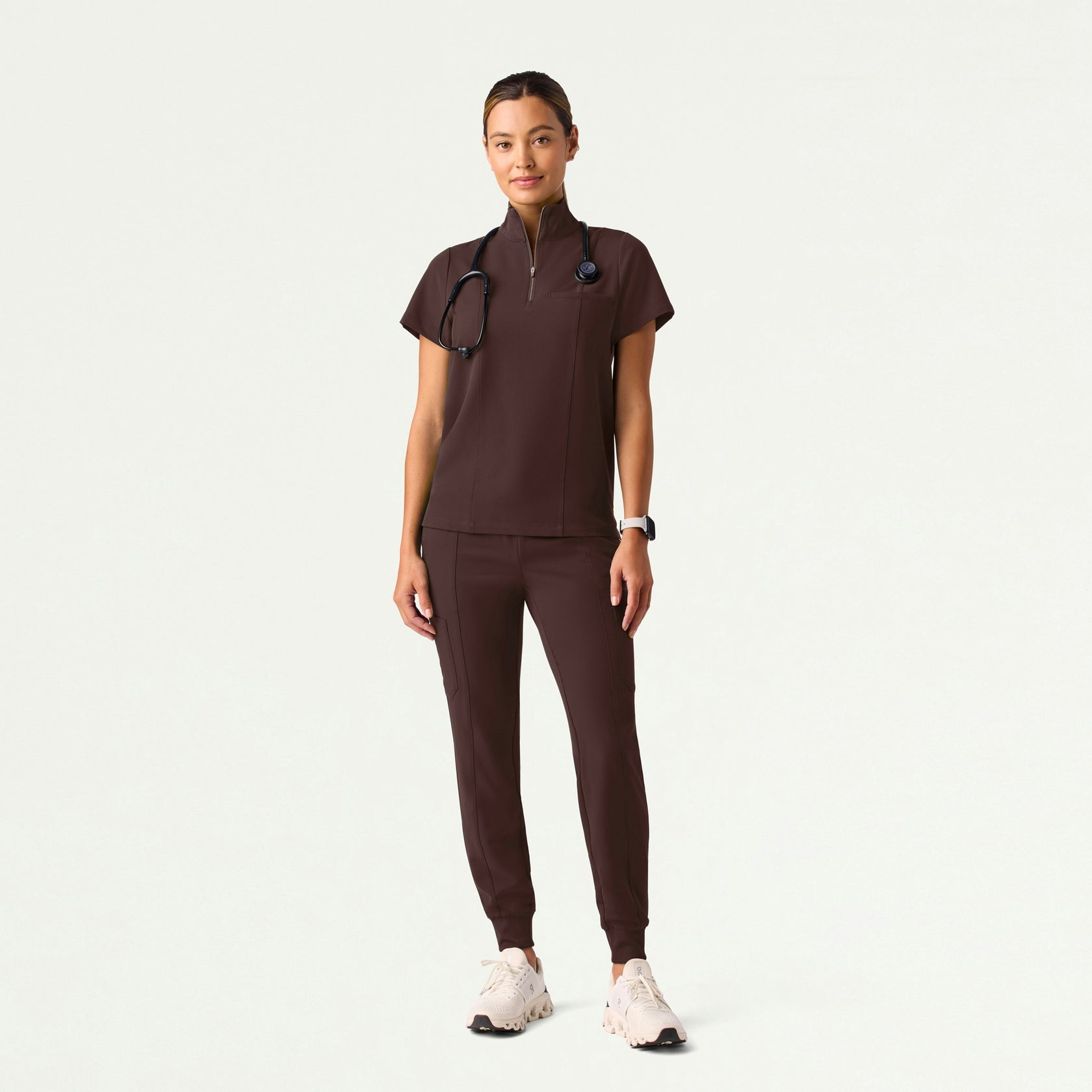 Nora Half-Zip Collared Scrub Top - Espresso - WOMEN'S TOPS - Jaanuu