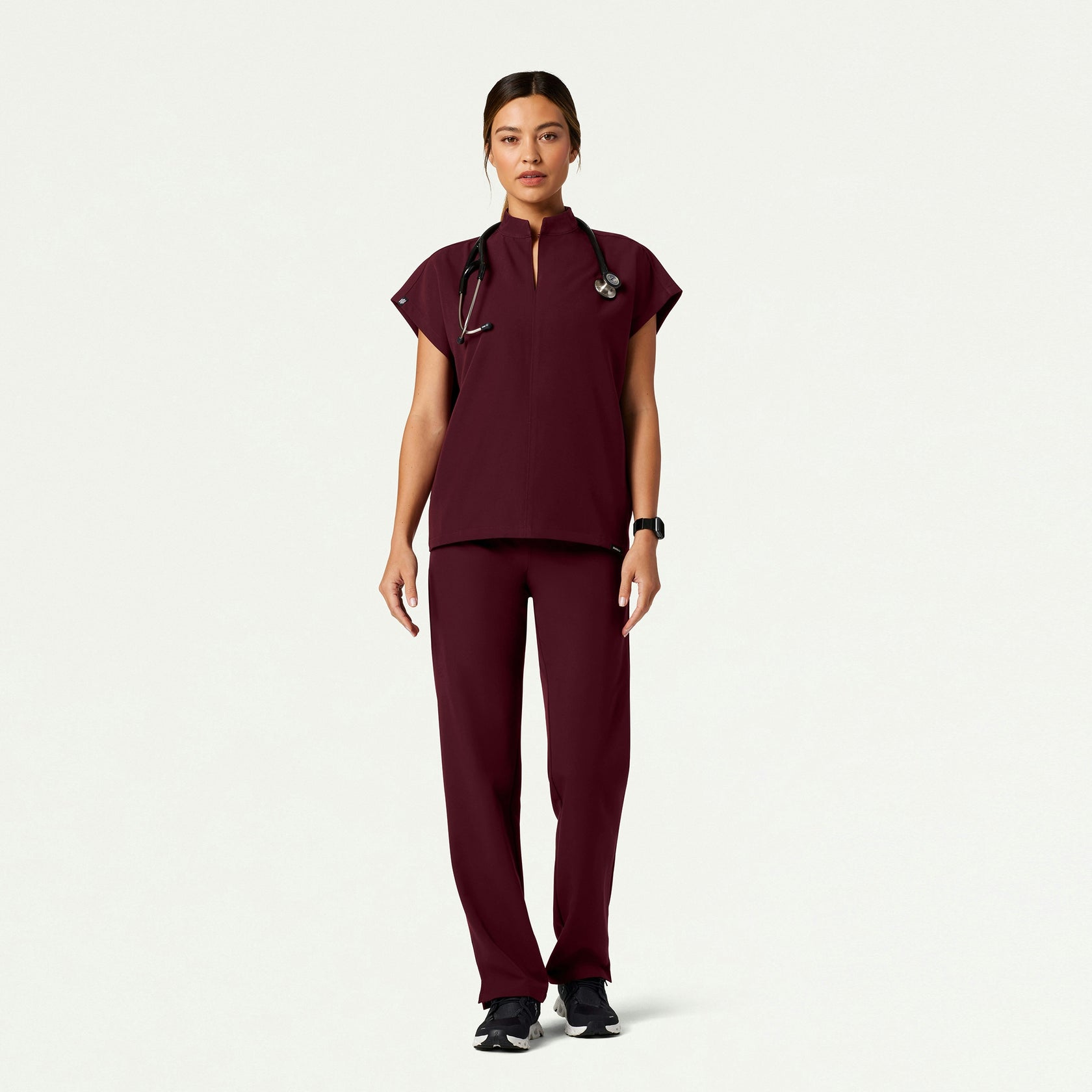 Aris Oversized 2-Pocket Scrub Top - Burgundy - WOMEN'S TOPS - Jaanuu