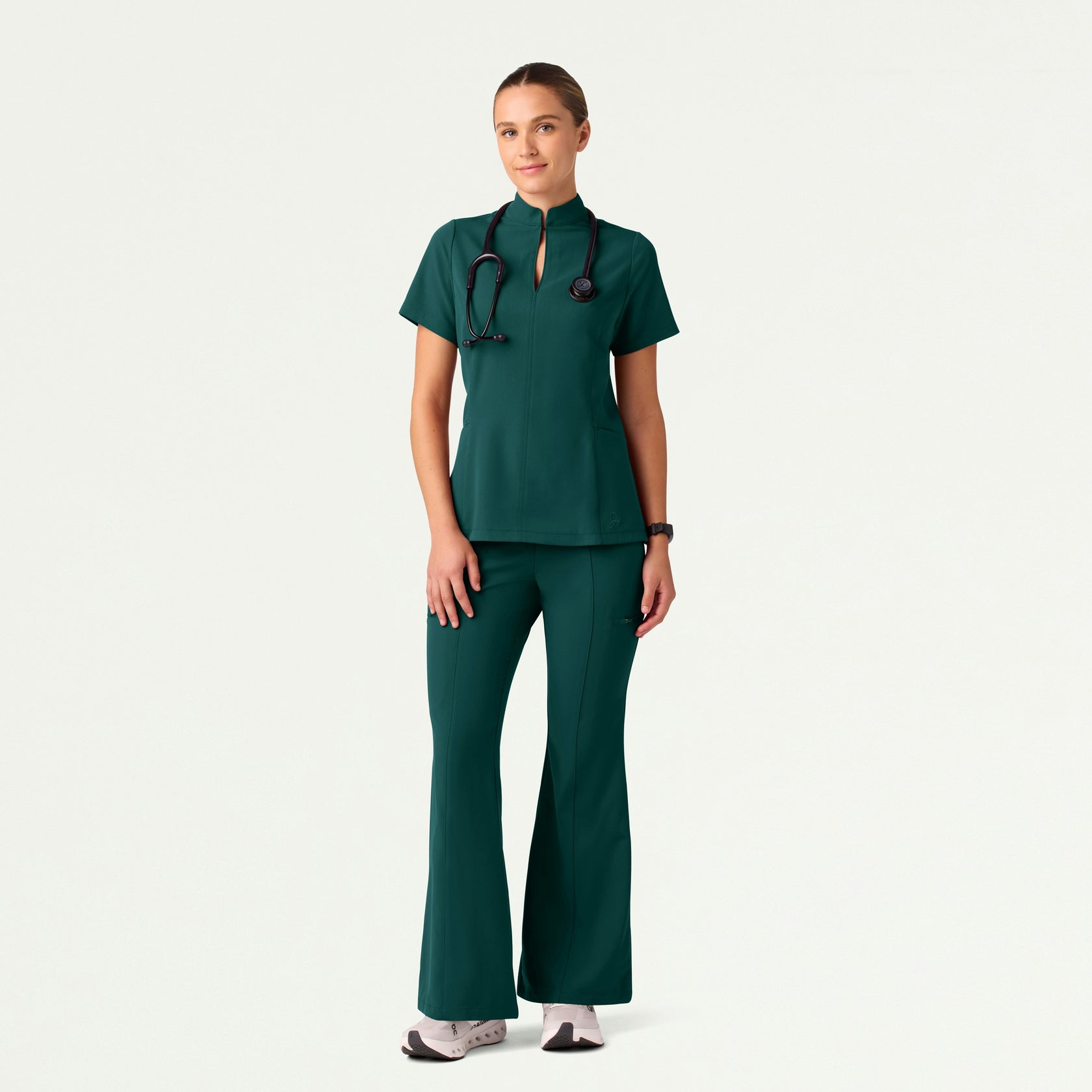 Aria Fit & Flare Mock-Neck Scrub Top - Midnight Green - WOMEN'S TOPS - Jaanuu