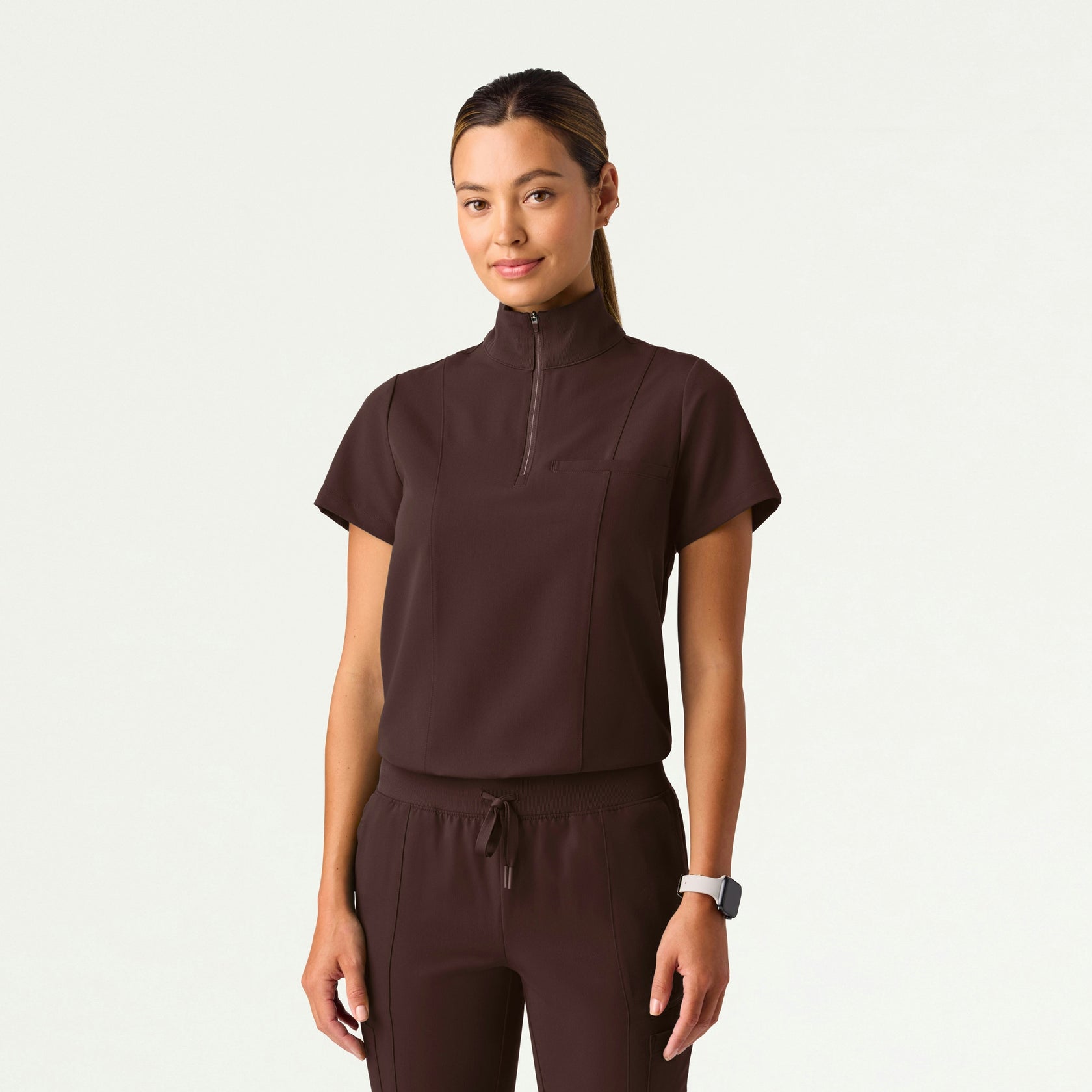 Nora Half-Zip Collared Scrub Top - Espresso - WOMEN'S TOPS - Jaanuu