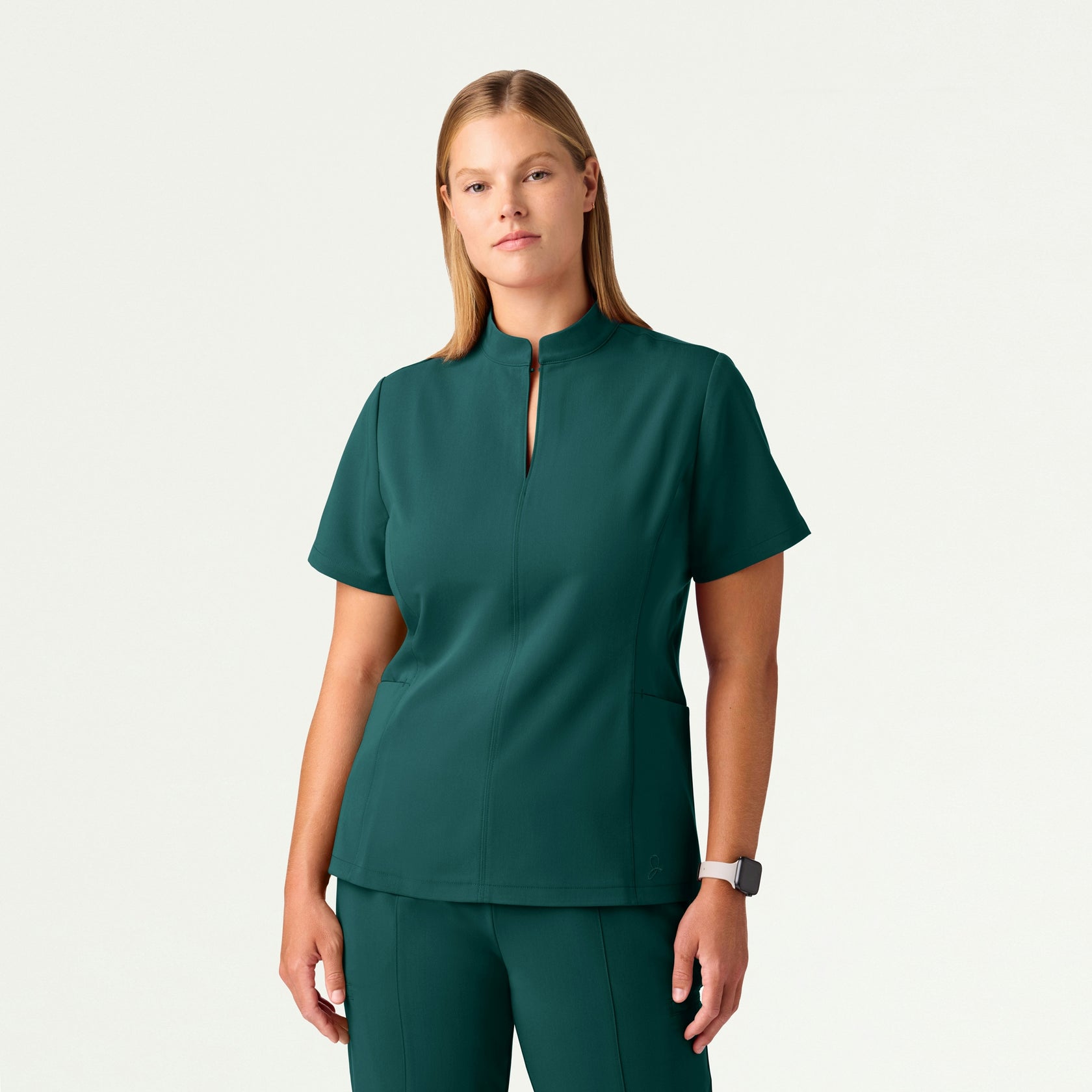 Aria Fit & Flare Mock-Neck Scrub Top - Midnight Green - WOMEN'S TOPS - Jaanuu