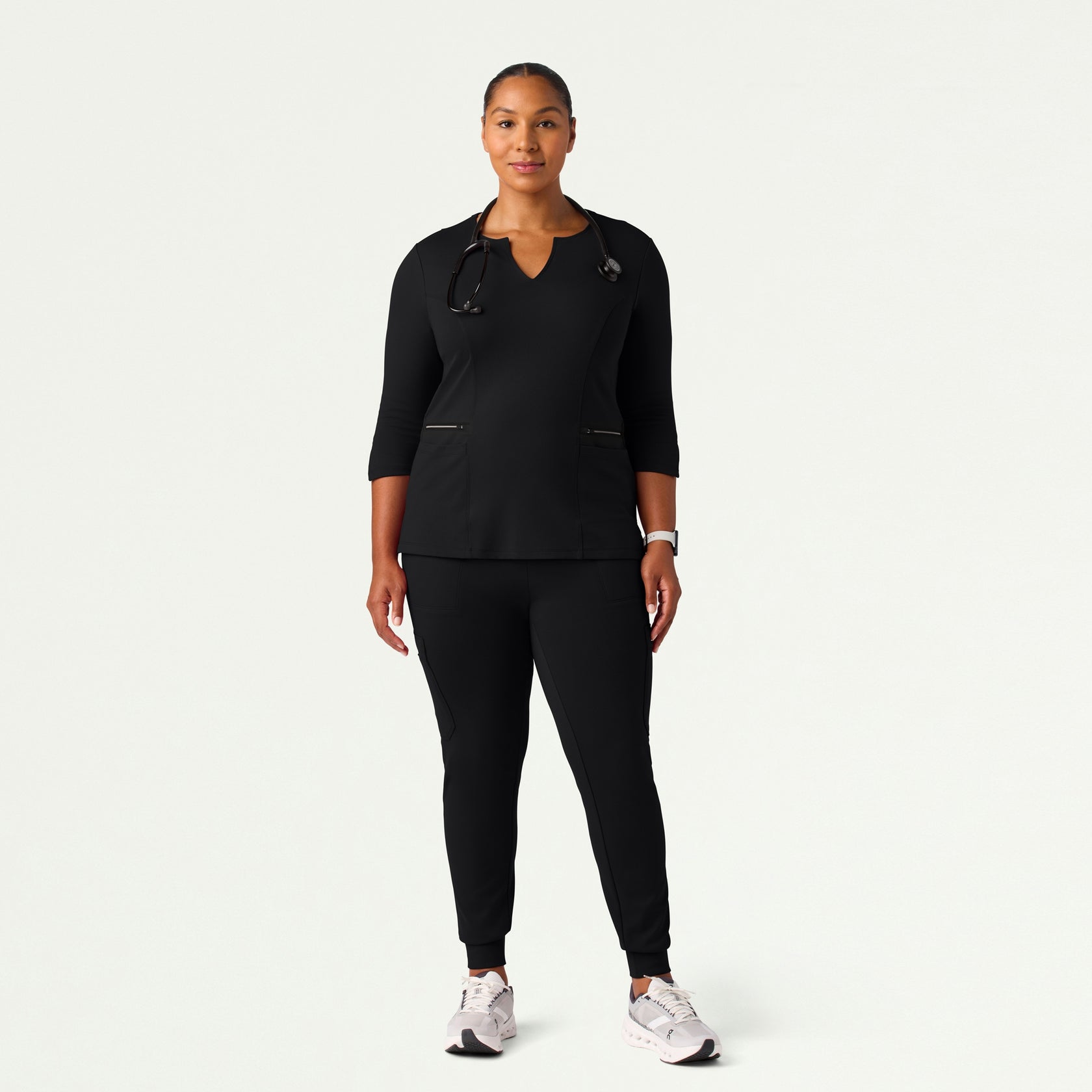 Zoe Slim 3/4-Sleeve ULTRAsoft Scrub Top - Black - WOMEN'S TOPS - Jaanuu