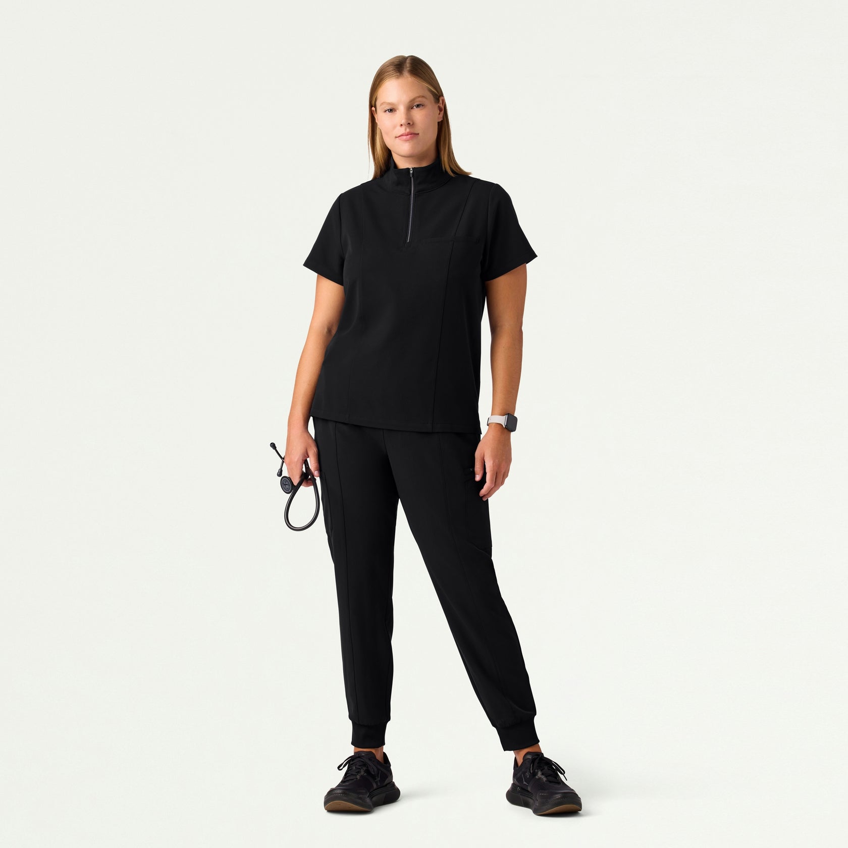 Nora Half-Zip Collared Scrub Top - Black - WOMEN'S TOPS - Jaanuu