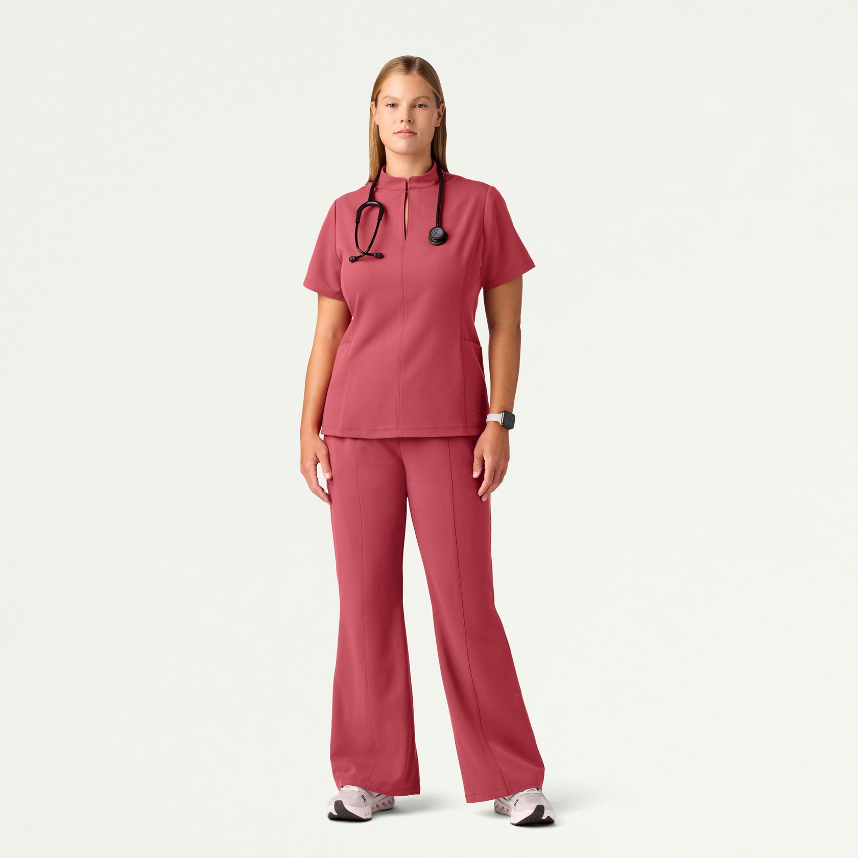 Aria Fit & Flare Mock-Neck Scrub Top - Mulberry - WOMEN'S TOPS - Jaanuu