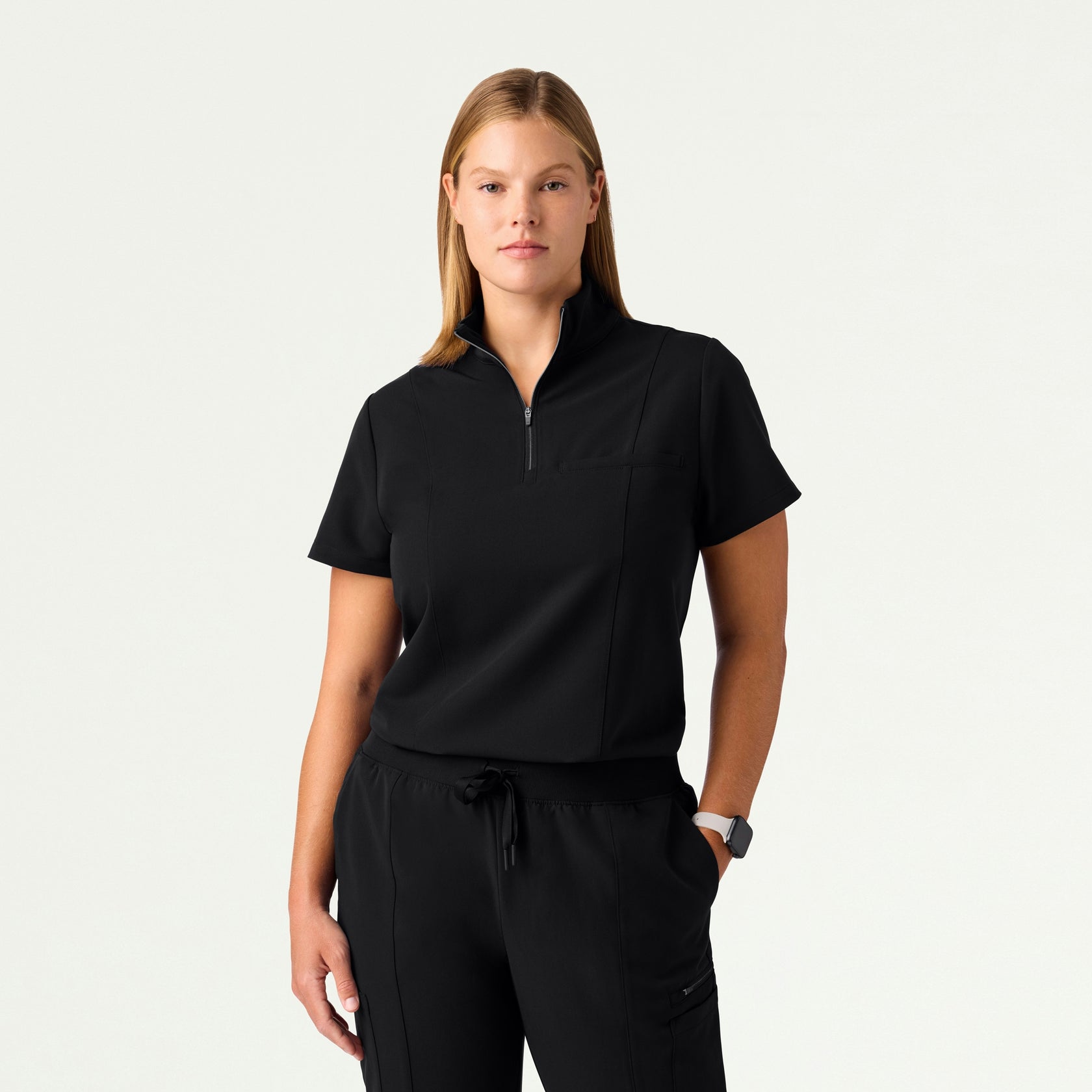 Nora Half-Zip Collared Scrub Top - Black - WOMEN'S TOPS - Jaanuu