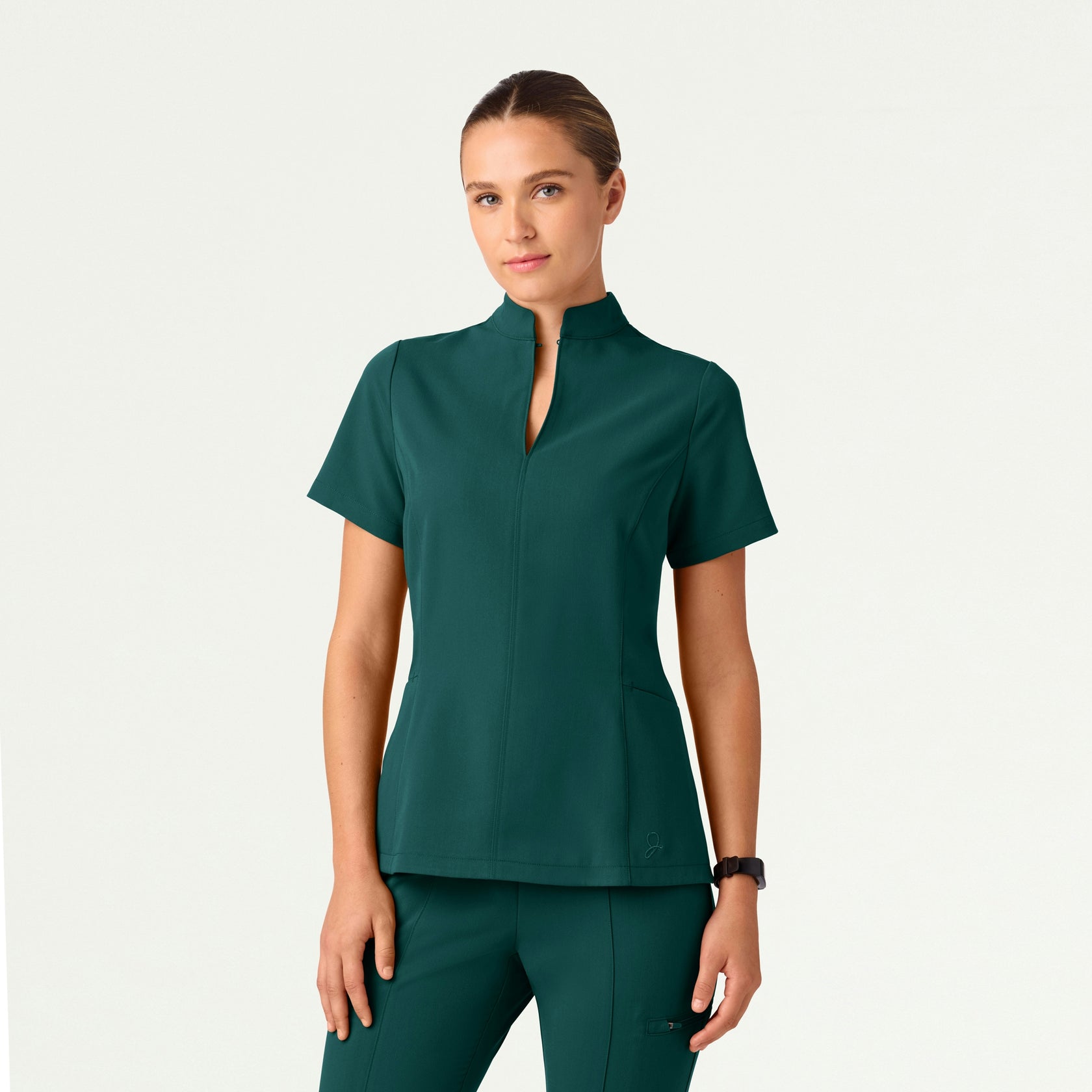 Aria Fit & Flare Mock-Neck Scrub Top - Midnight Green - WOMEN'S TOPS - Jaanuu