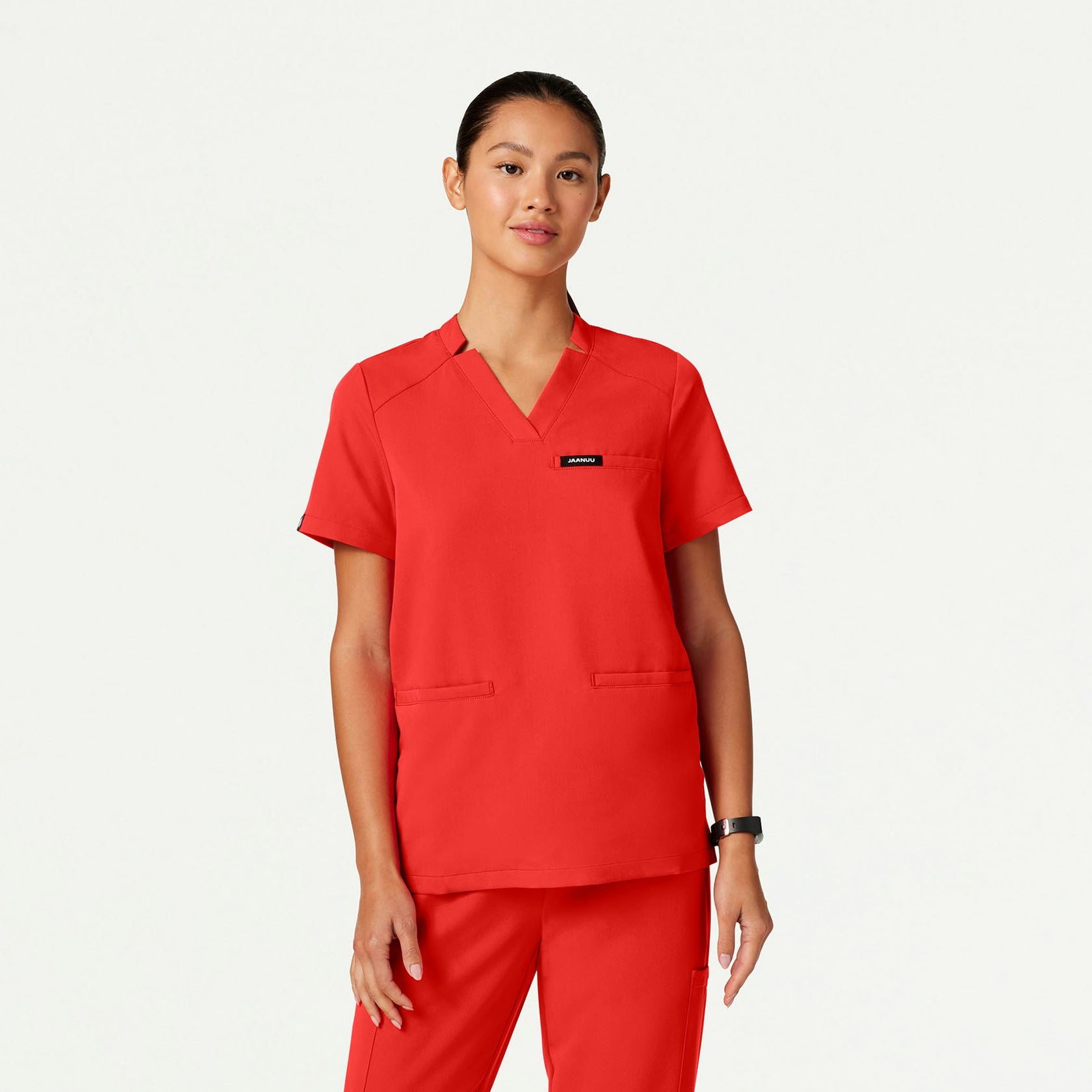 Helia Notched V-Neck Scrub Top - Solar Red - WOMEN'S TOPS - Jaanuu