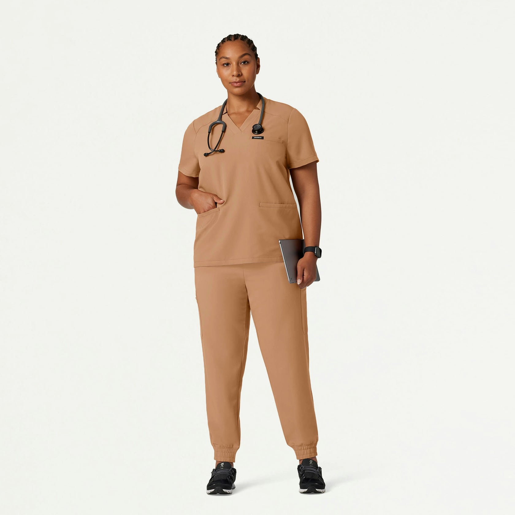 Helia Notched V-Neck Scrub Top - Trench - WOMEN'S TOPS - Jaanuu