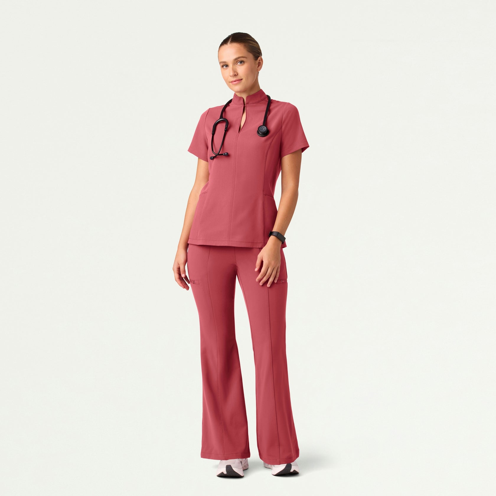 Aria Fit & Flare Mock-Neck Scrub Top - Mulberry - WOMEN'S TOPS - Jaanuu