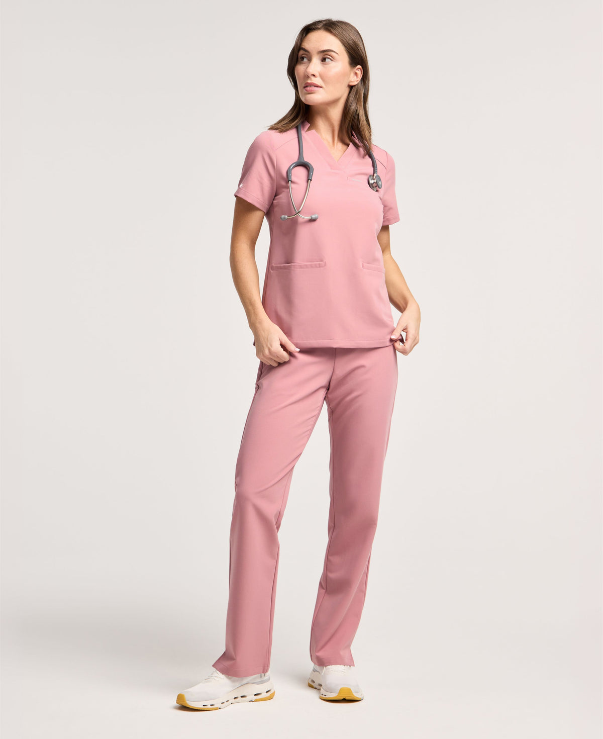 Jaanuu Helia Notched V-Neck Scrub Top in Mauve, product photo 2 of 6