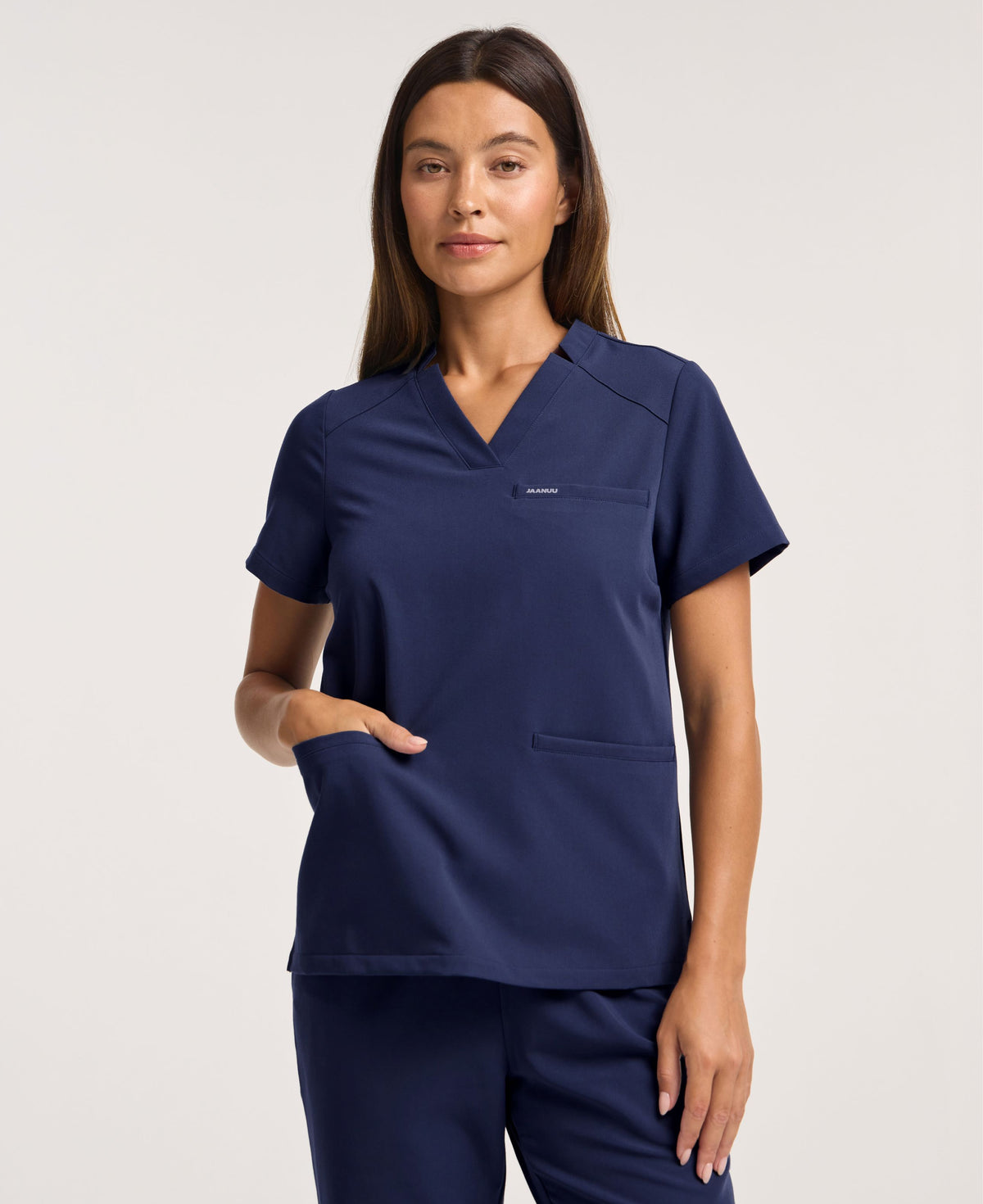 Jaanuu Helia Notched V-Neck Scrub Top in Midnight Navy, product photo 2 of 6