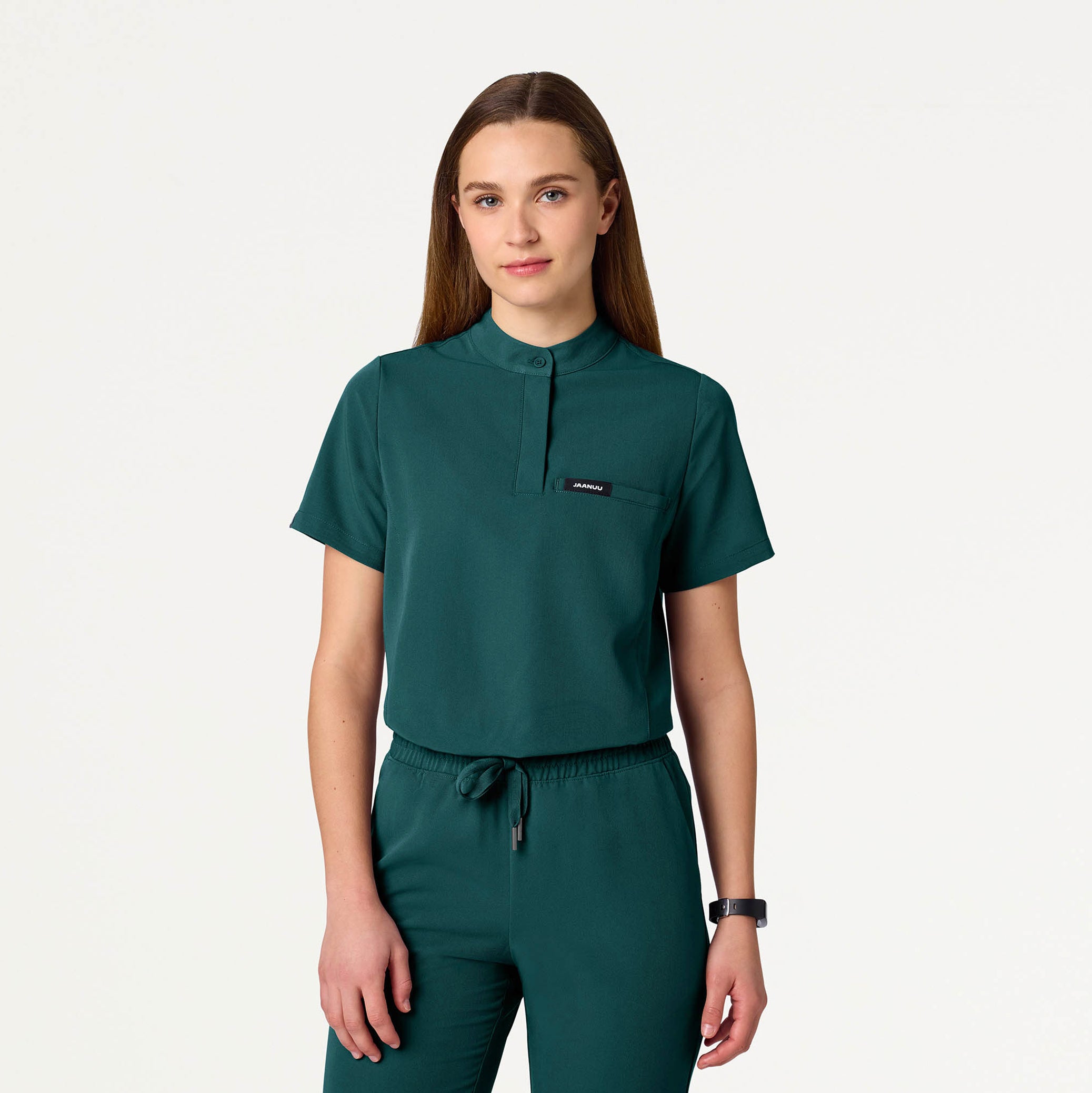 Jaanuu Savi Tuck-In Women's 1-Pocket Scrub Top Stand-Collar Classic Fit - Midnight Green, XL Jaanuu Savi Tuck-In Women's 1-Pocket Scrub Top Stand-Collar Classic Fit - Midnight Green, XL
