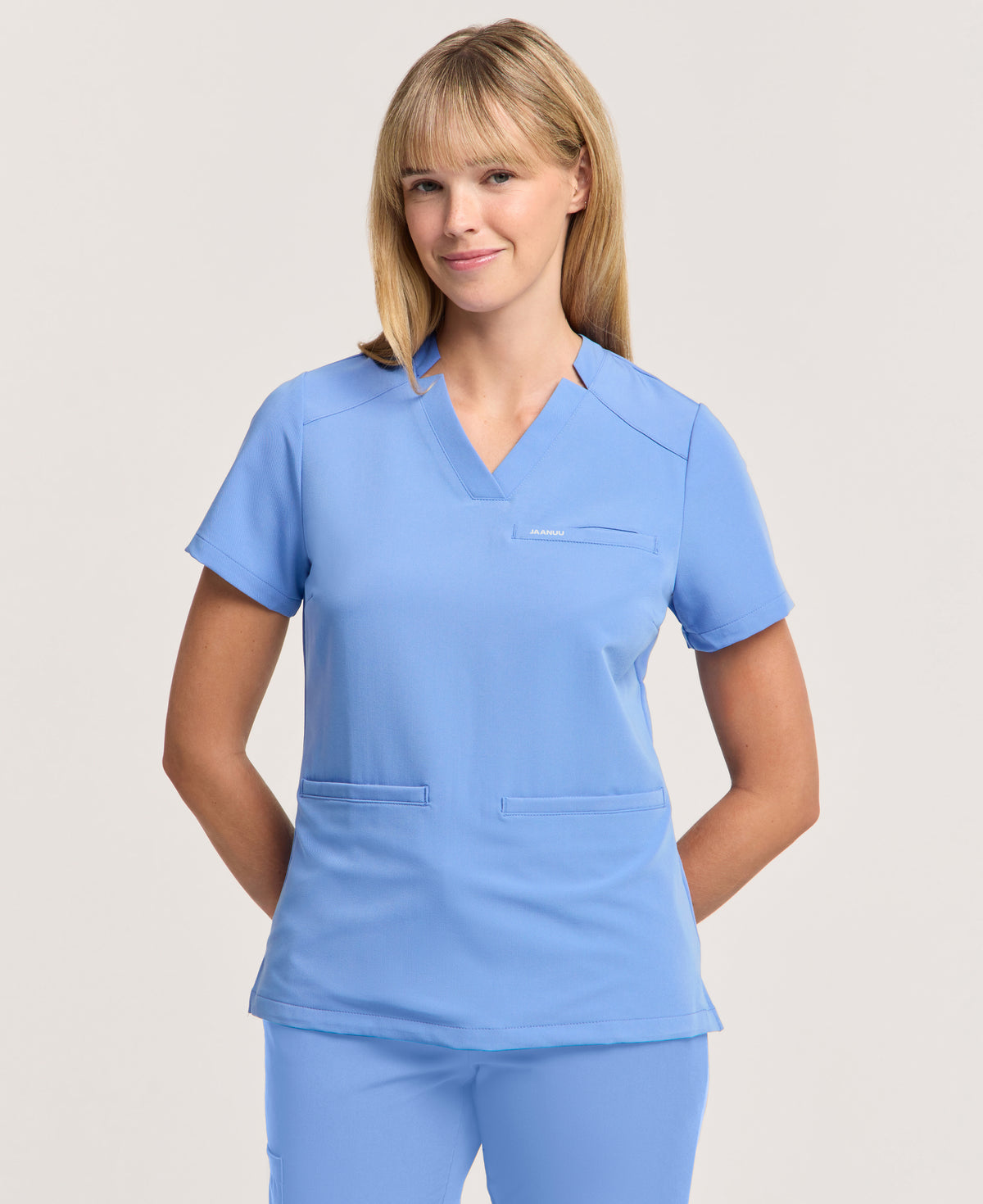 Jaanuu Helia Slim Notched V-Neck Scrub Top in Ceil Blue, product photo 2 of 6