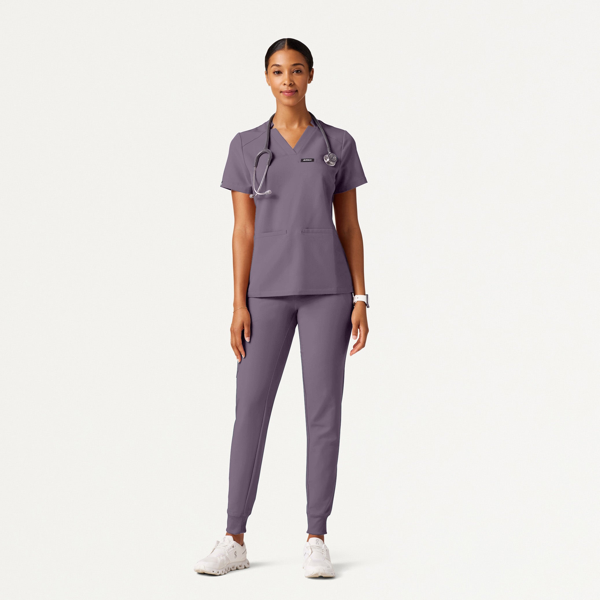 Helia Slim Notched V-Neck Scrub Top - Titanium