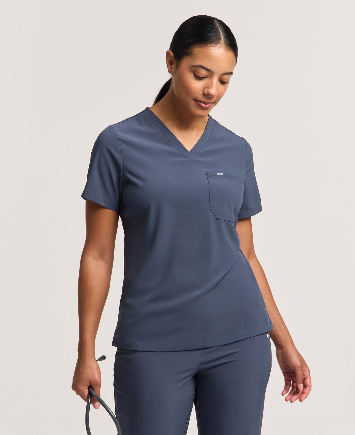 Jaanuu Harlow Slim 1-Pocket Scrub Top in Carbon Gray, product photo 2 of 6