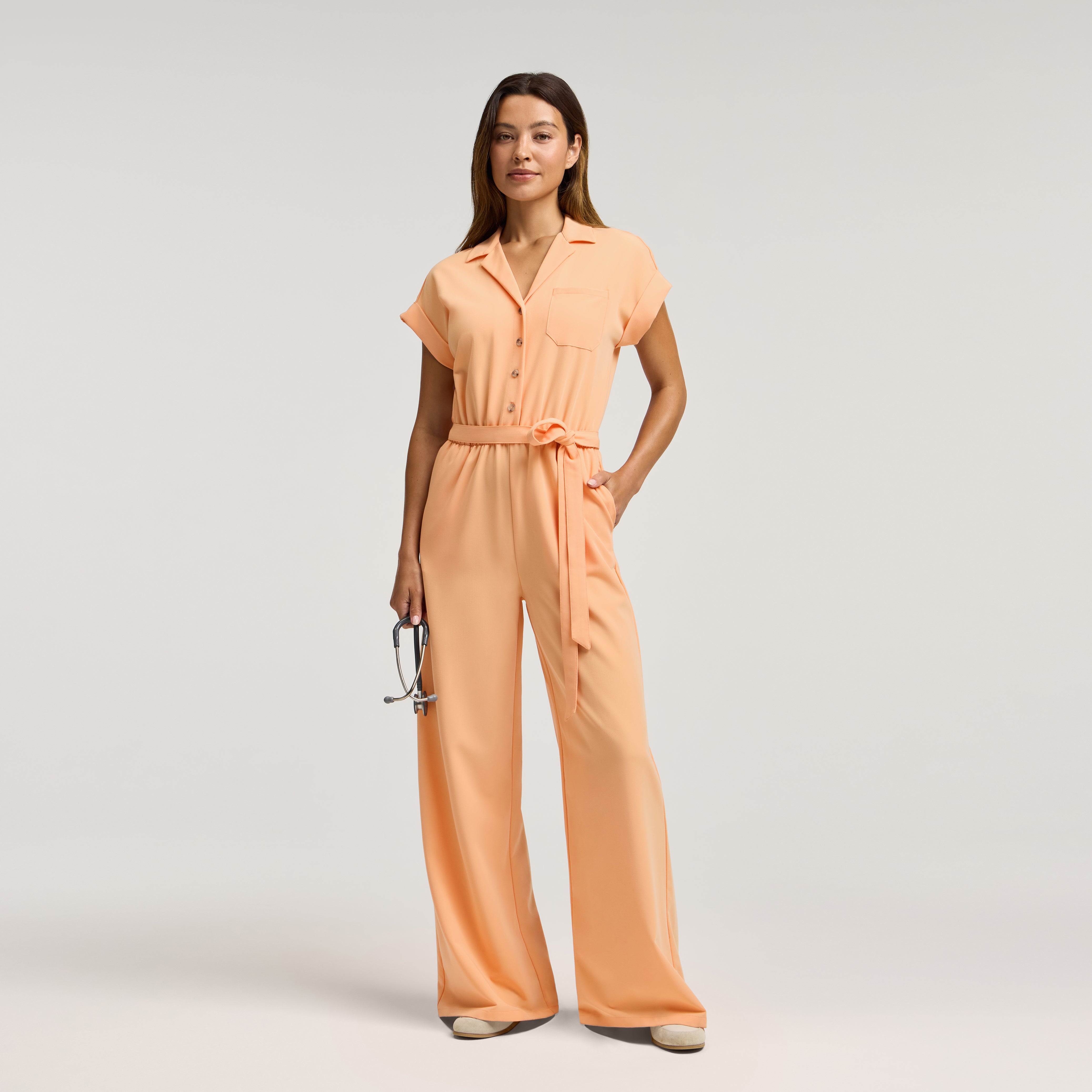 The Wide Leg Scrub Jumpsuit - Apricot