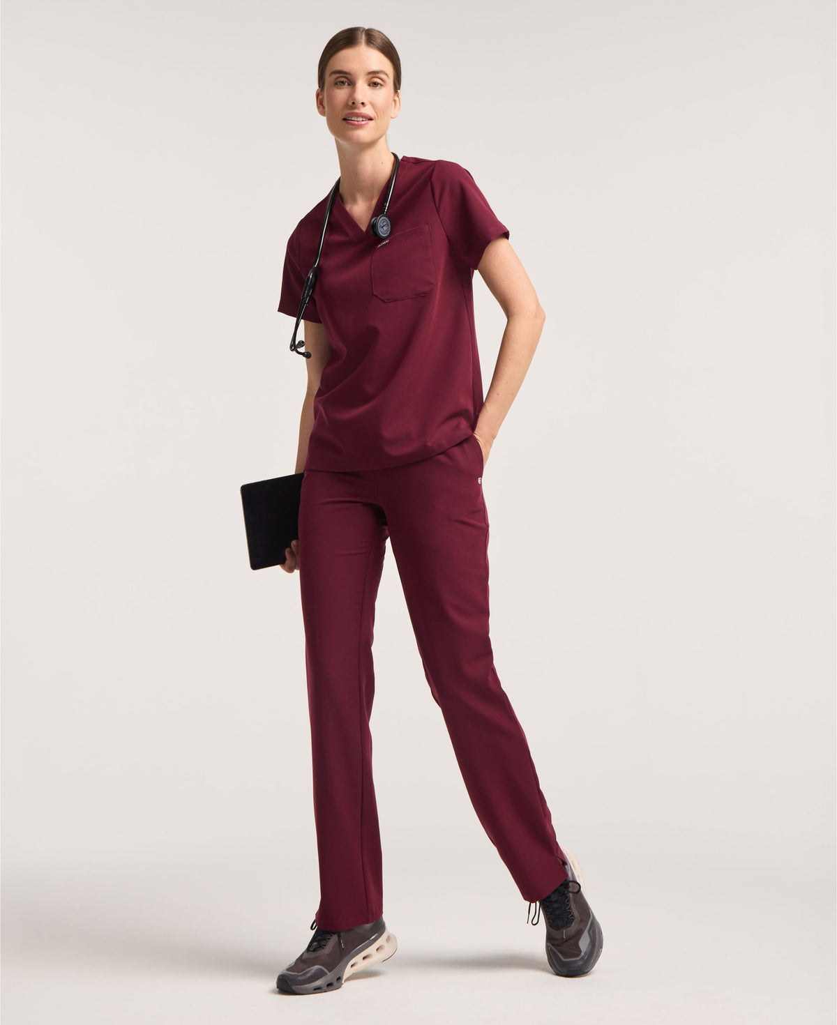 Jaanuu Xenos Knit-Waist Scrub Pant in Burgundy, product photo 2 of 6