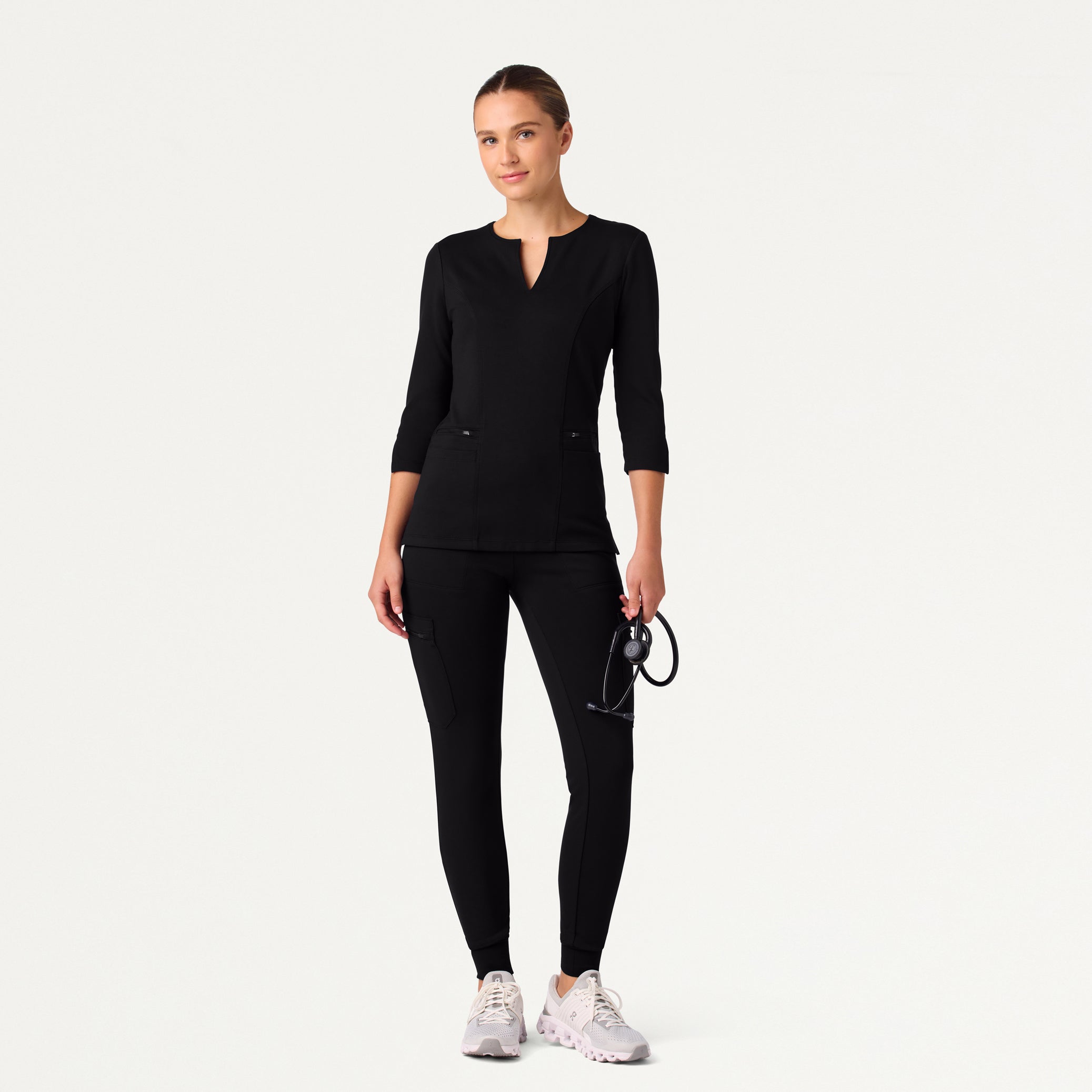 Zoe Slim 3/4-Sleeve UltraSOFT™ Scrub Top - Black