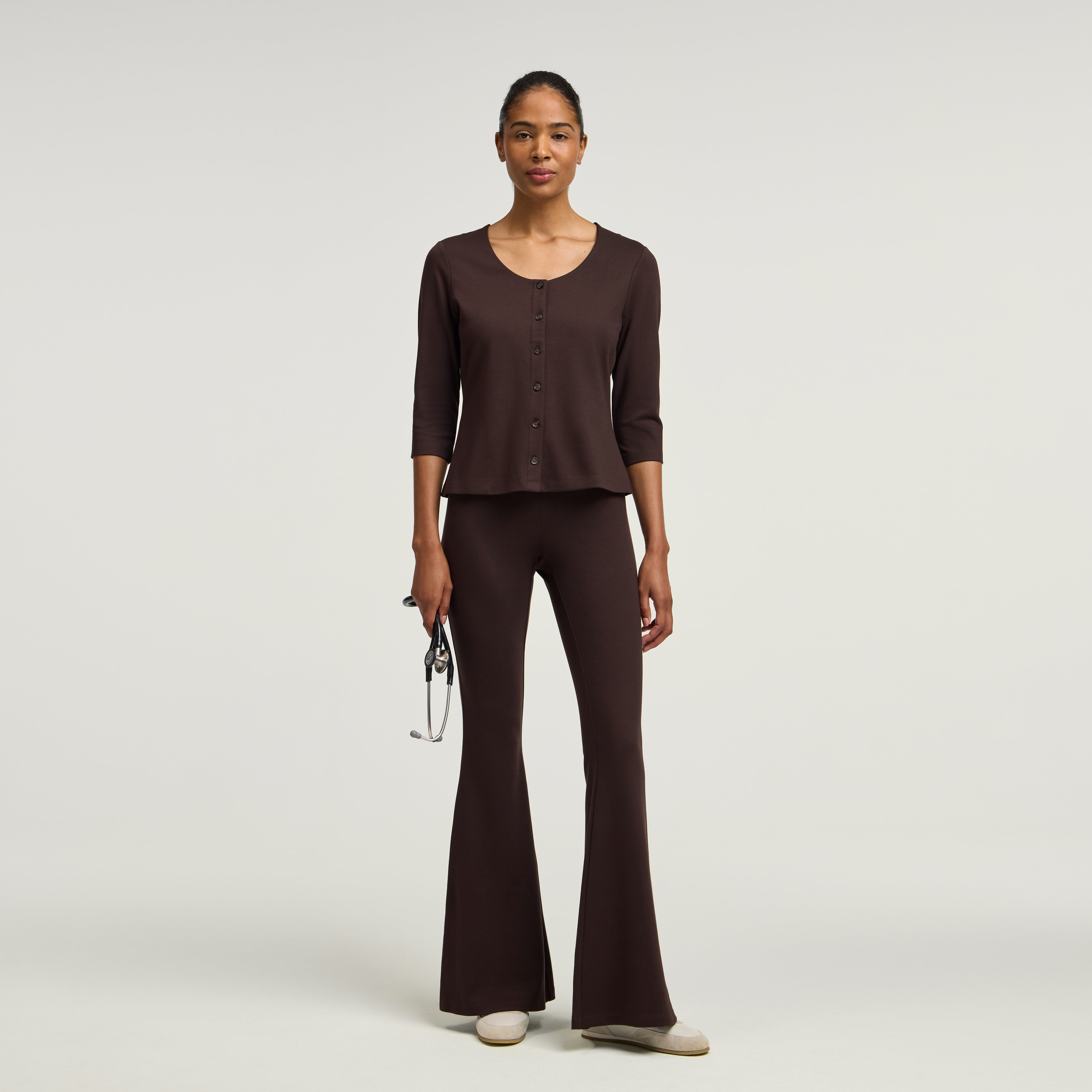 Kenz Buttoned 3/4-Sleeve Scrub Top - Espresso