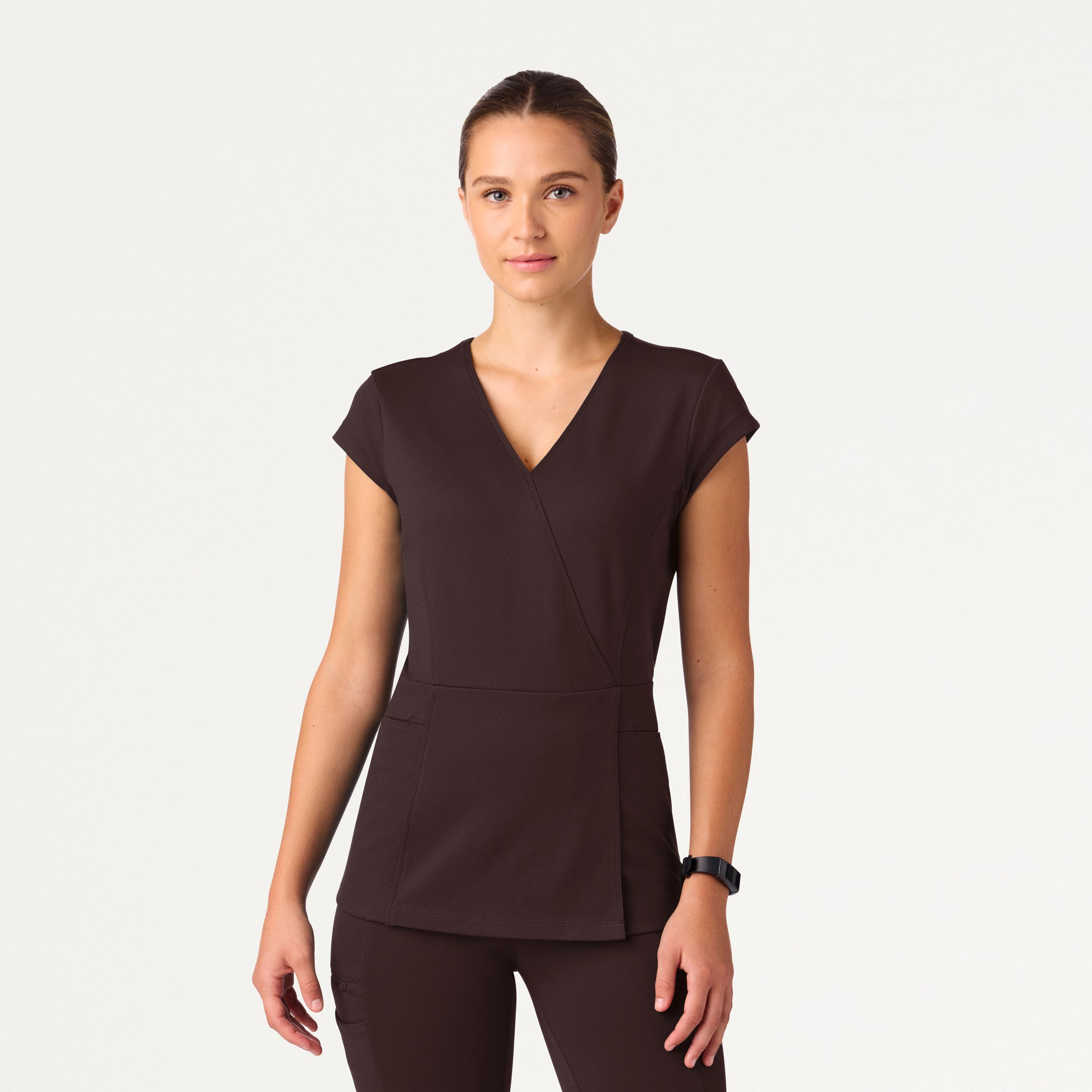 Isla Mock-Wrap UltraSOFT Scrub Top - Espresso