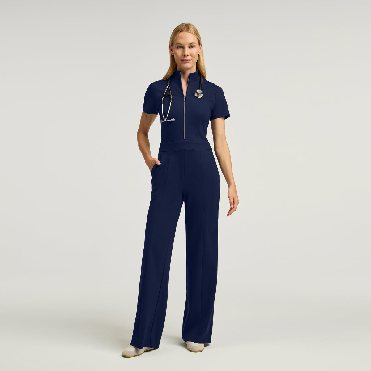 The UltraSOFT® Scrub Jumpsuit - Midnight Navy + Silver Zip