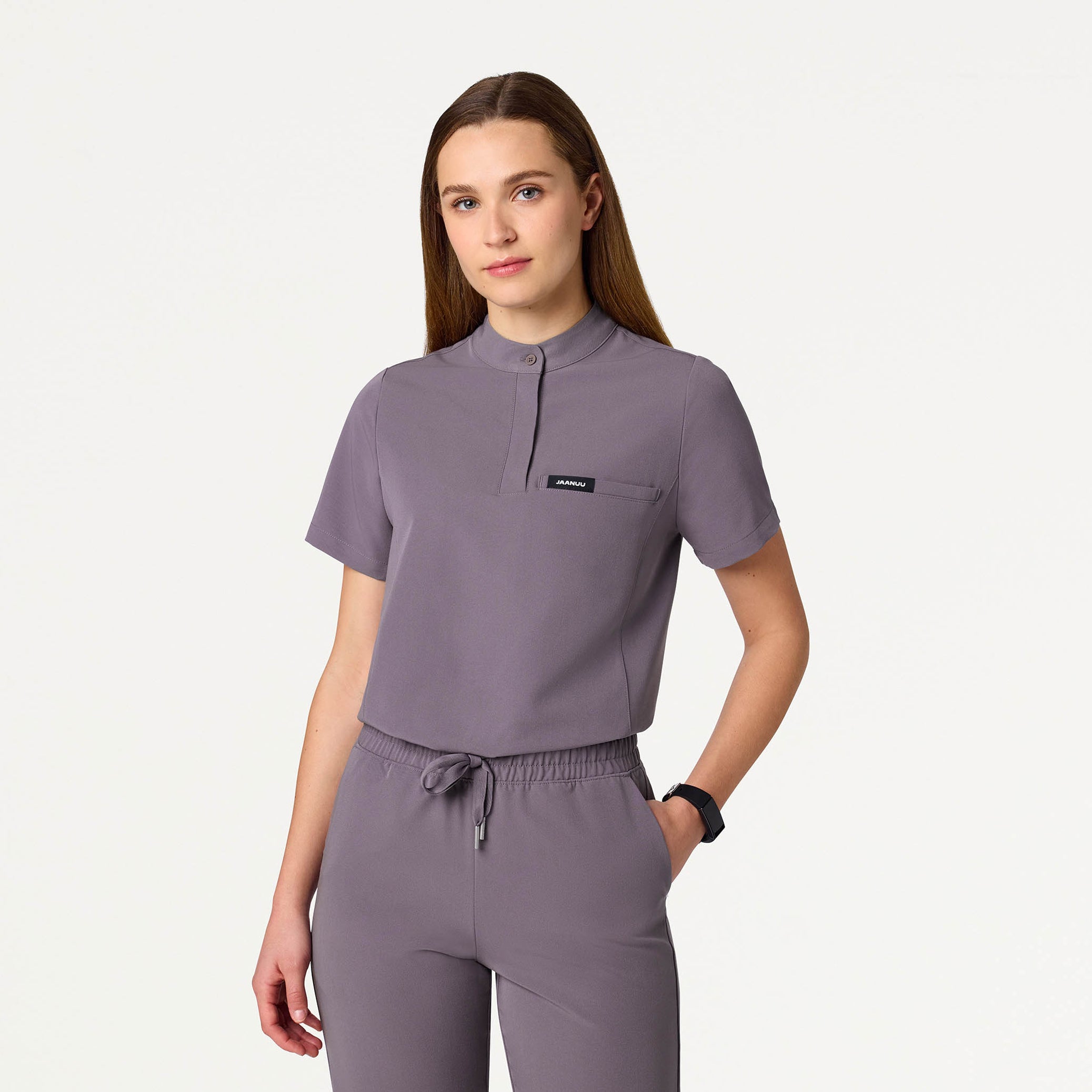 Woman wearing Titanium scrub top