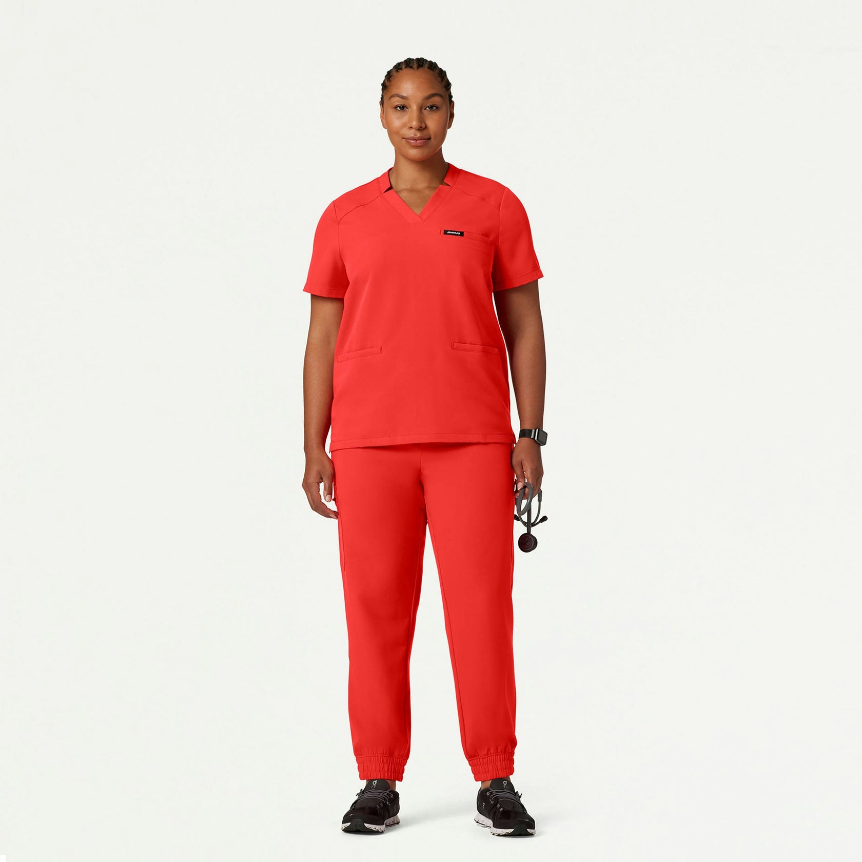 Helia Notched V-Neck Scrub Top - Solar Red - WOMEN'S TOPS - Jaanuu