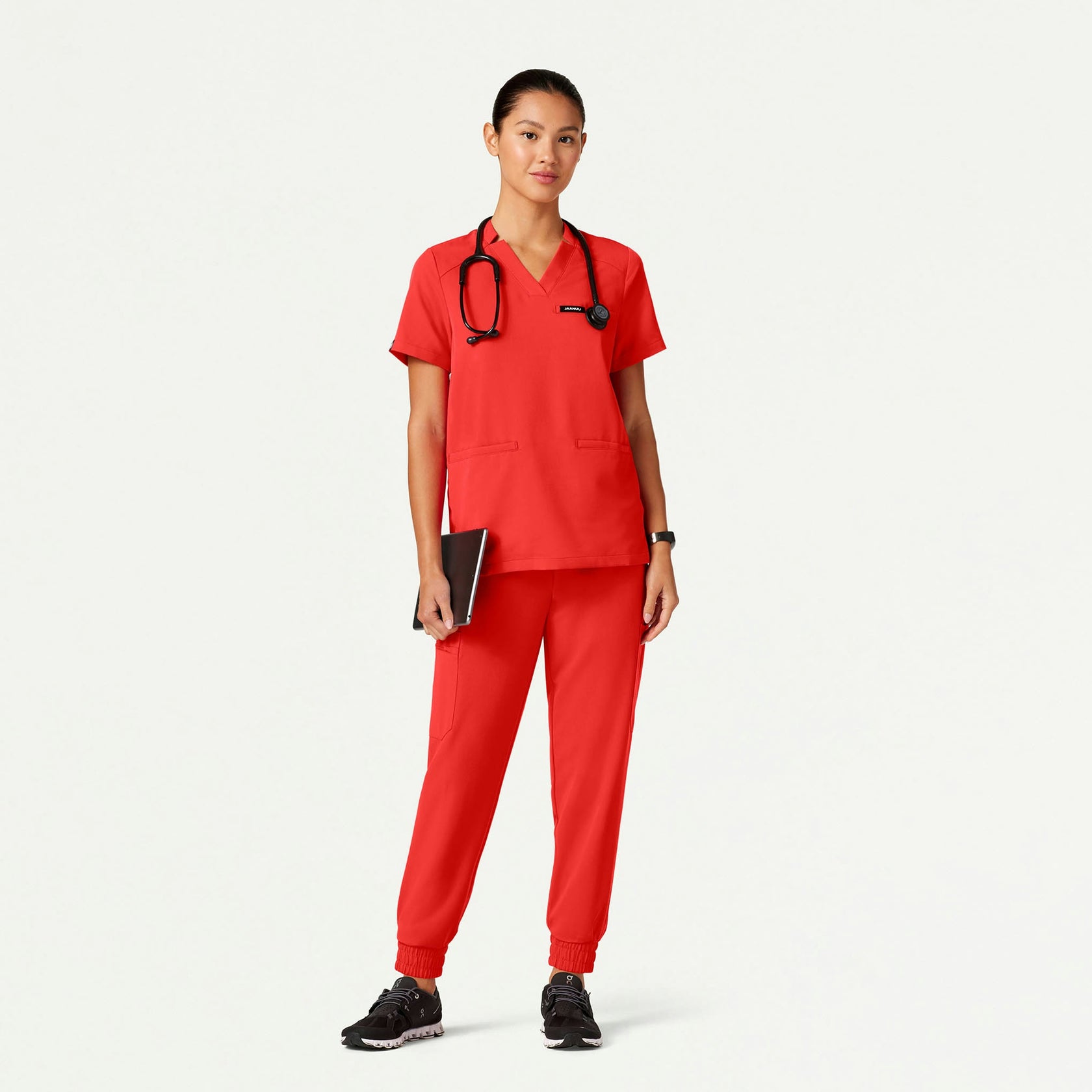 Helia Notched V-Neck Scrub Top - Solar Red - WOMEN'S TOPS - Jaanuu
