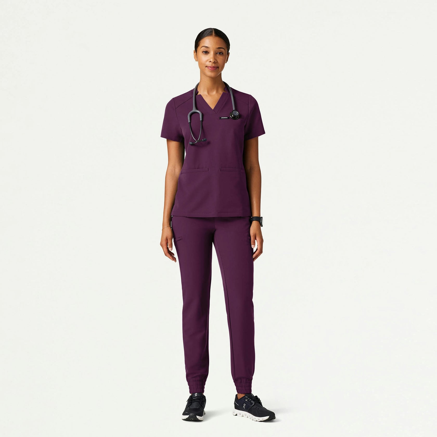 Helia Slim Notched V-Neck Scrub Top - Dark Amethyst - WOMEN'S TOPS - Jaanuu