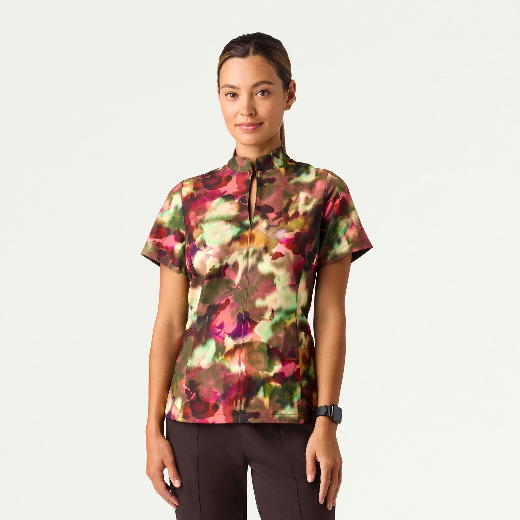 Aria Fit & Flare Mock-Neck Scrub Top - Floral Haze - WOMEN'S TOPS - Jaanuu