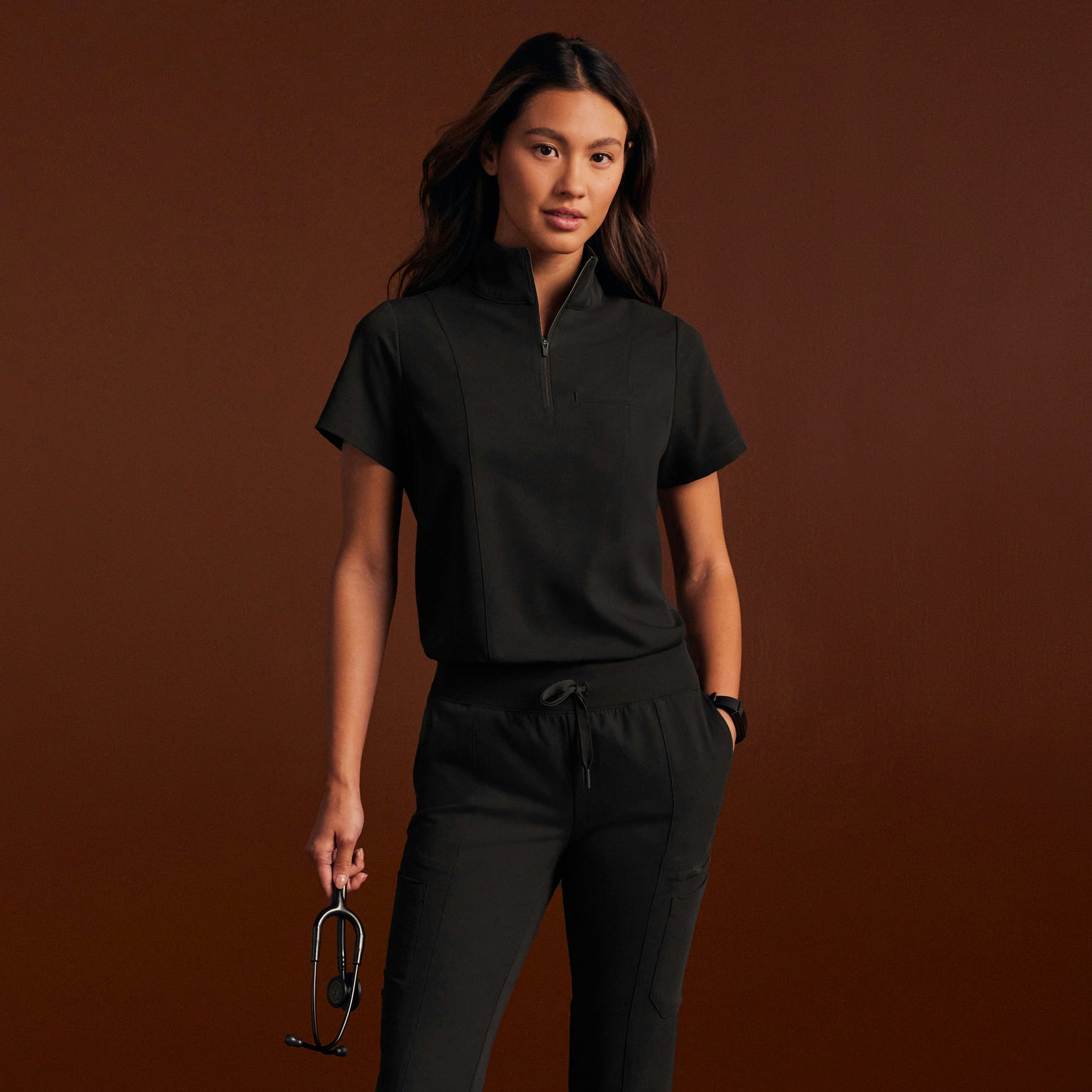 Nora Half-Zip Collared Scrub Top - Black - WOMEN'S TOPS - Jaanuu