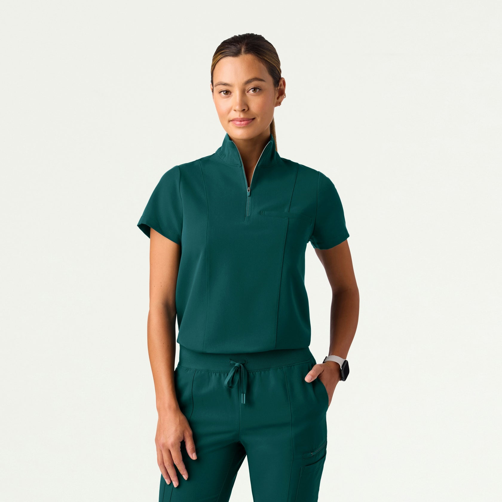 Nora Half-Zip Collared Scrub Top - Midnight Green - WOMEN'S TOPS - Jaanuu