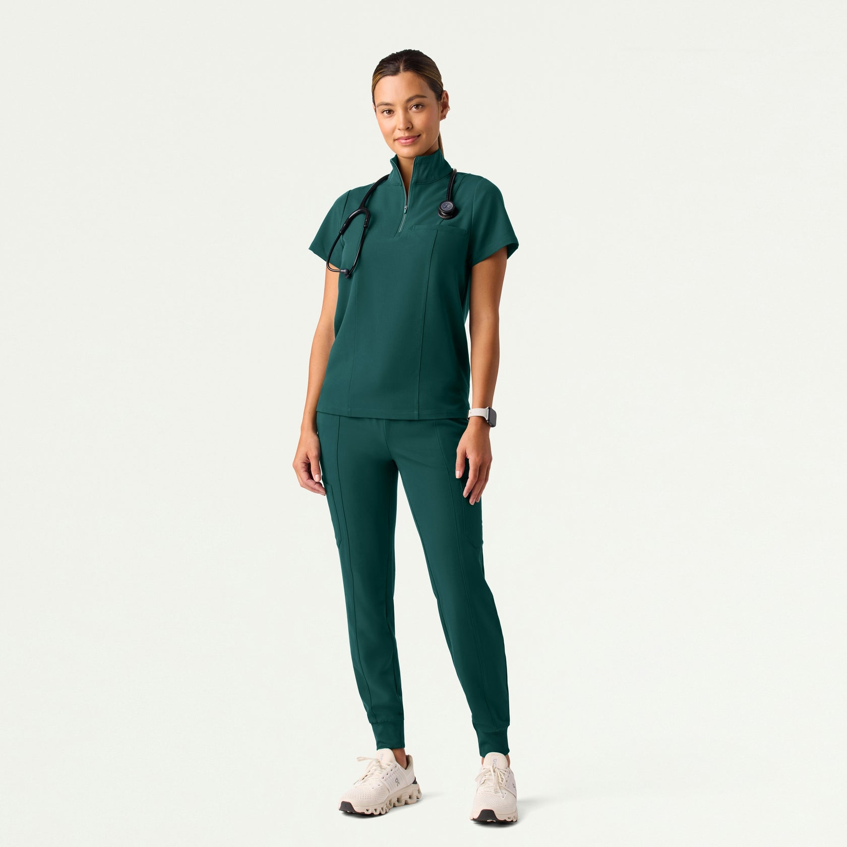 Nora Half-Zip Collared Scrub Top - Midnight Green - WOMEN'S TOPS - Jaanuu