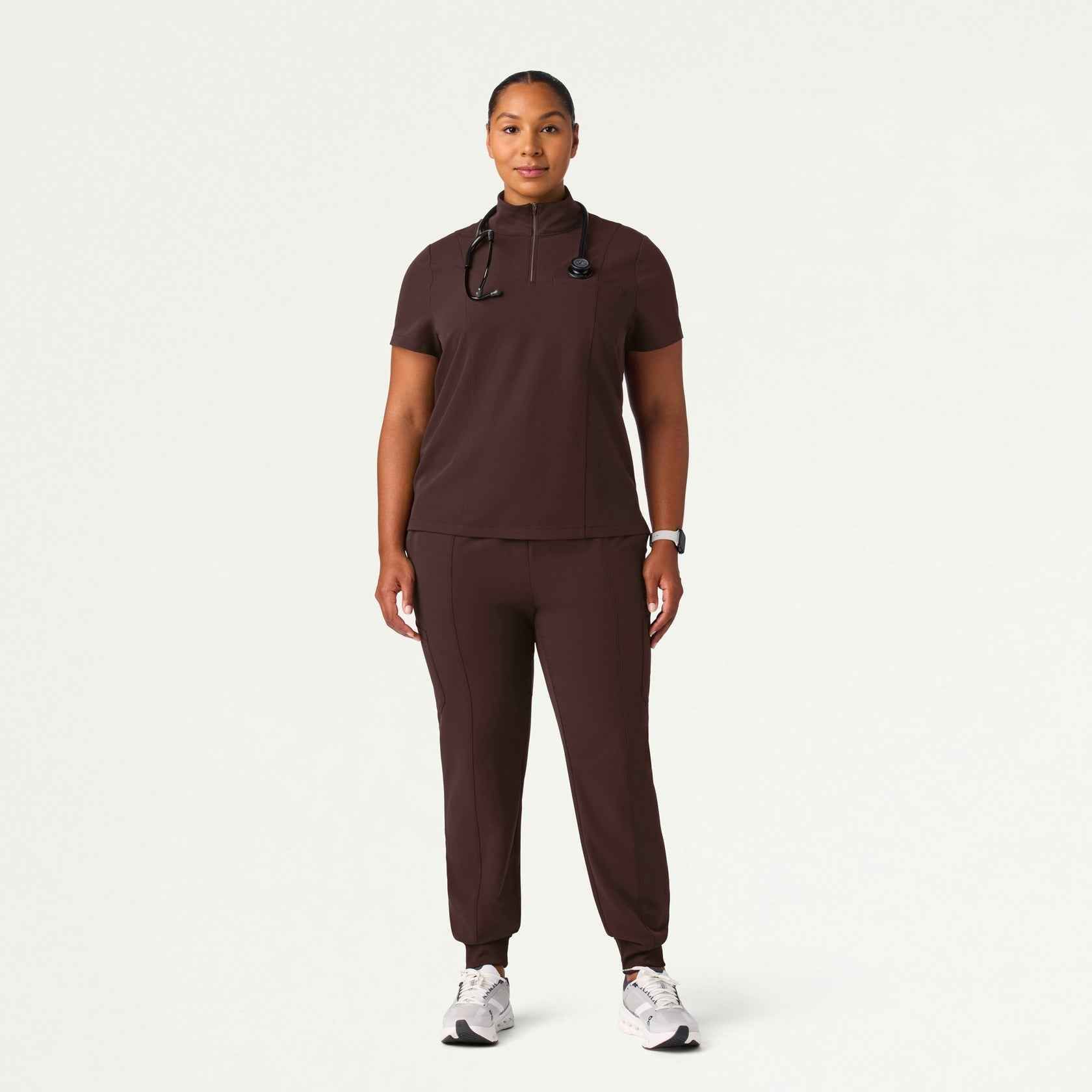 Nora Half-Zip Collared Scrub Top - Espresso - WOMEN'S TOPS - Jaanuu