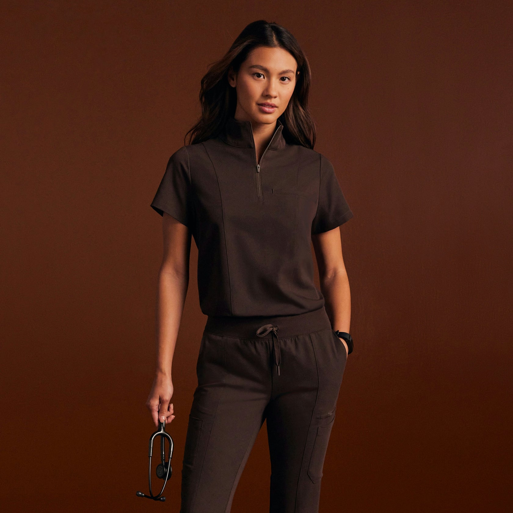 Nora Half-Zip Collared Scrub Top - Espresso - WOMEN'S TOPS - Jaanuu