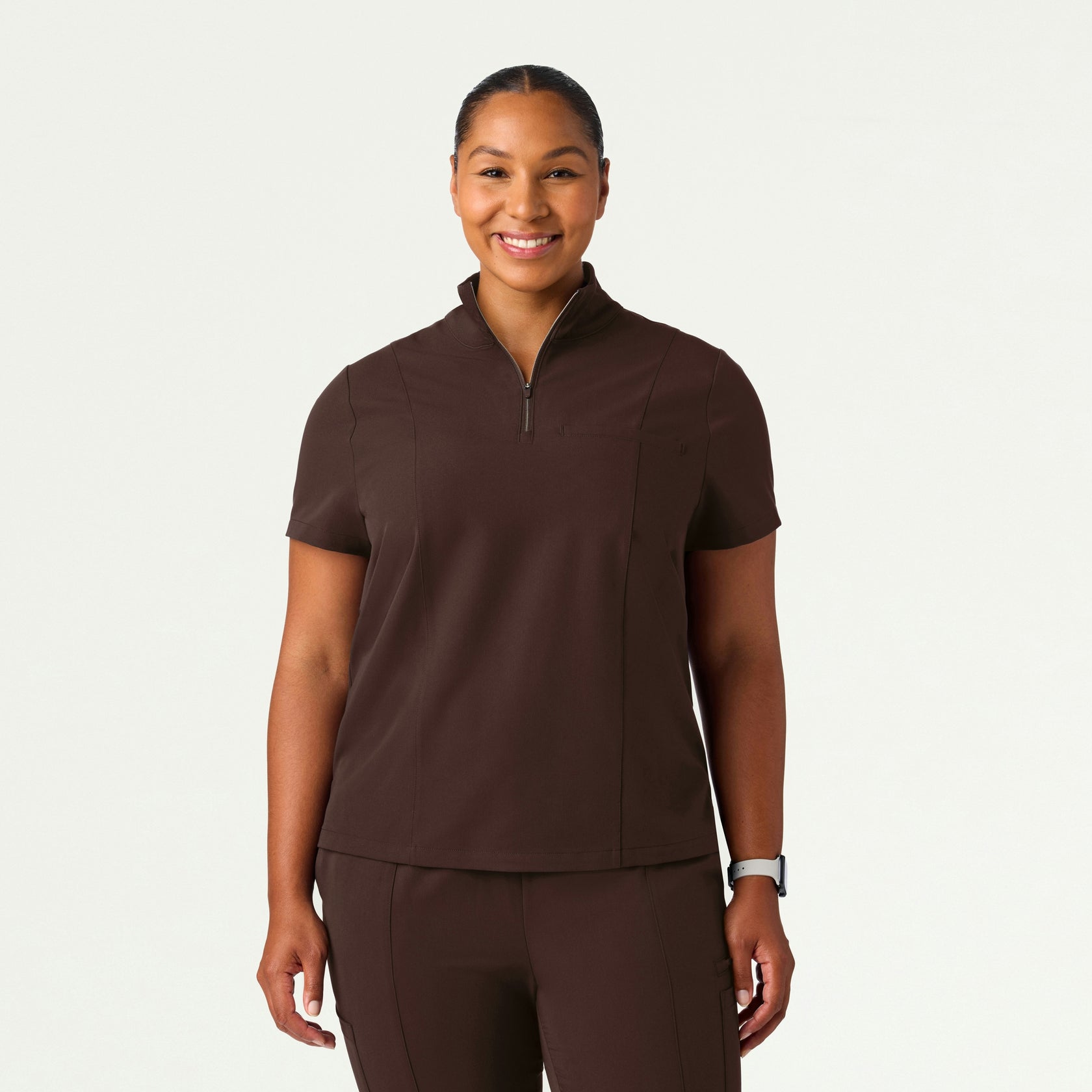 Nora Half-Zip Collared Scrub Top - Espresso - WOMEN'S TOPS - Jaanuu