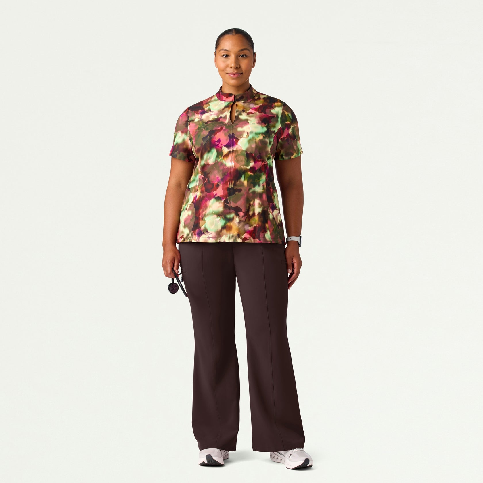 Aria Fit & Flare Mock-Neck Scrub Top - Floral Haze - WOMEN'S TOPS - Jaanuu