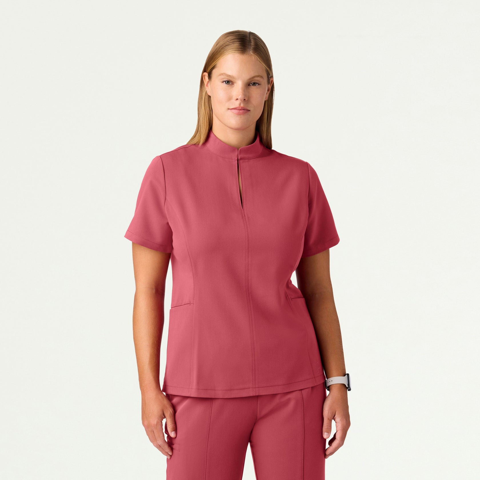 Aria Fit & Flare Mock-Neck Scrub Top - Mulberry - WOMEN'S TOPS - Jaanuu