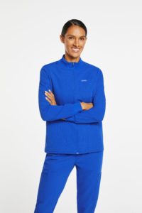 Woman with blue scrub jacket
