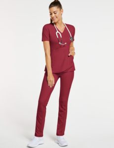 Woman with red scrubs