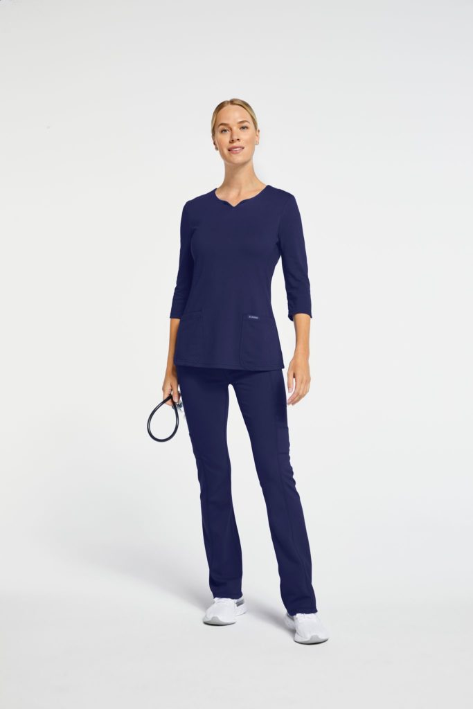 Woman wearing navy color scrub