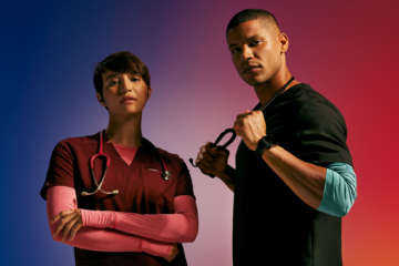 man and woman with scrubs and colorful background