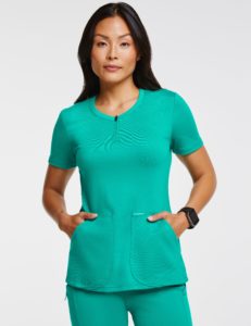 woman with green crew neck top