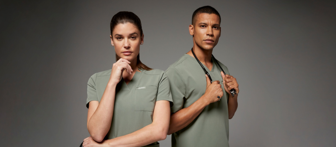 Man and woman wearing olive color scrub (1)
