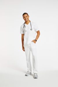 Man wearing classic straight leg pant scrubs in white
