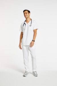Man wearing hidden pocket white scrubs